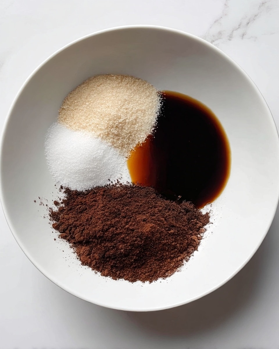 In a white bowl on a white marbled surface, there are four separate layers of ingredients. On the top left, a small pile of off-white granulated sugar sits neatly. To the right of the sugar, a smooth pool of dark brown liquid, likely vanilla extract, creates a shiny contrast. Below the sugar and vanilla, there is a dense mound of fine, dark brown powder, probably cocoa powder, with a rich texture. These layers are clearly separated, highlighting their different colors and textures. photo taken with an iphone --ar 4:5 --v 7