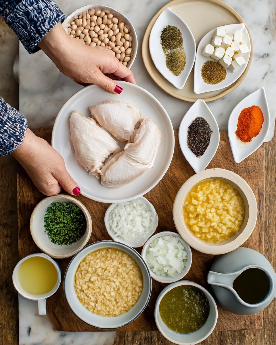 The image shows a top view of a wooden board with various bowls and small plates arranged around it on a white marbled surface. At the center, there is a white plate holding three pale, cooked chicken pieces. Above it to the right, a round beige plate has white cubed cheese laid out. Above that, two tiny white plates shaped like leaves hold different spices: one has salt, green seasoning, and brown spice, while the other holds red, orange, and black spices. To the right of the chicken plate, a small white bowl contains minced garlic, and below it, a medium bowl is filled with a chunky yellow sauce. Below the chicken plate, there is a small white bowl with chopped green herbs. To the left of that, another medium bowl holds white chopped onions. Above the chicken, to the left, a white bowl is filled with light brown beans, and next to it, a small white pitcher contains milk. Above the chicken and spices, a grey bowl holds a green thick sauce. In the middle of the wooden board, there is a small white bowl of yellow oil. A white bowl of light yellow broth is on the far left side. A woman's hand with a nail polish is partly visible holding the top left edge of the board. A folded blue and white patterned cloth is under the left side of the board and a brown cloth is below the right side of the board. photo taken with an iphone --ar 4:5 --v 7
