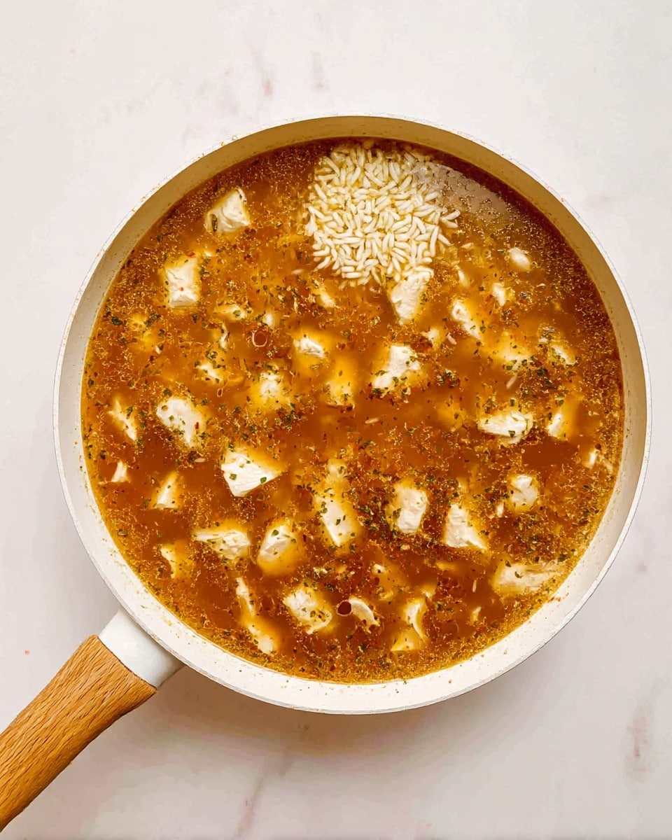 A white pan with a wooden handle is filled with a clear brown broth containing small white chicken pieces, light yellow rice grains, and sprinkled herbs. The chicken pieces are evenly spread throughout the soup, with some rice grains gathered in small clusters on top. The broth has a shiny, slightly oily surface with visible specks of seasoning floating around. The pan sits on a white marbled surface, and the scene is lit evenly from above, giving a clean and fresh look. photo taken with an iphone --ar 4:5 --v 7