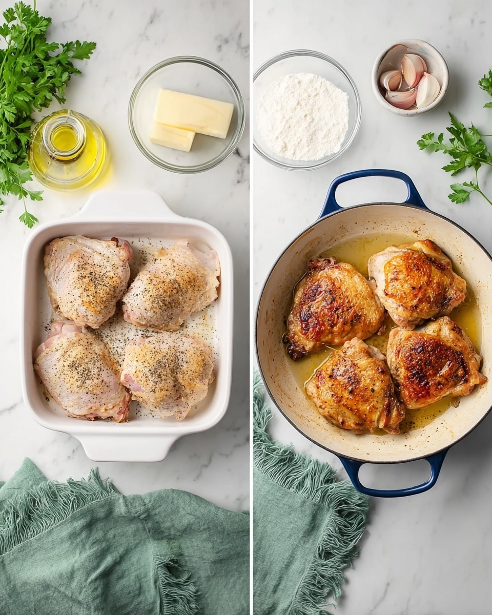The image shows two side-by-side photos on a white marbled surface. The left photo has a white rectangular dish with four raw chicken thighs, each seasoned with ground black pepper and salt, their skin light pink with a slightly rough texture from the seasoning. Above the dish is a small clear bowl with two slices of butter and to the right, a clear bottle of oil. Fresh green parsley is at the top left corner, and a green cloth with frayed edges lies at the bottom right. The right photo shows a white round pan with a blue handle holding four browned chicken thighs, their skin crispy and golden with darker charred spots, resting in cooking juices. Around the pan are a small white bowl with peeled garlic cloves, a small white bowl with white flour, a small glass jar with oil, green parsley above, and the same green cloth at the bottom right. photo taken with an iphone --ar 4:5 --v 7