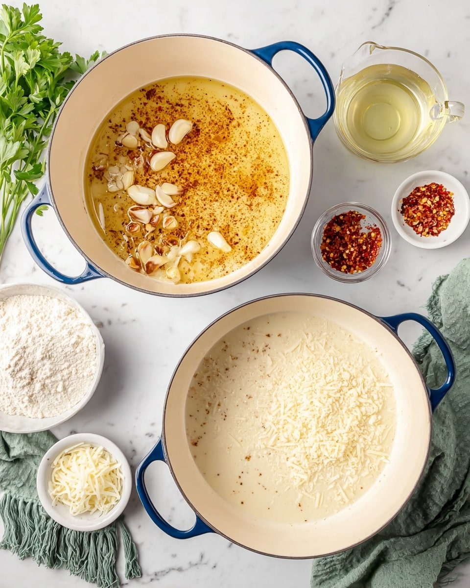 The image shows two white cooking pots with blue handles on a white marbled surface. The pot on the left contains a golden layer of oil with brown spices scattered around and whole peeled garlic cloves floating on top. Around the pot, there is a small white bowl with flour, a glass measuring cup with light yellow liquid, and some green parsley. The pot on the right shows a creamy white sauce that fills the pot with a layer of grated white cheese on one side and red pepper flakes in a small pile on the opposite side. Nearby, there is a white bowl with shredded cheese, a small glass bowl with red pepper flakes, and a green cloth napkin with fringes. Photo taken with an iphone --ar 4:5 --v 7