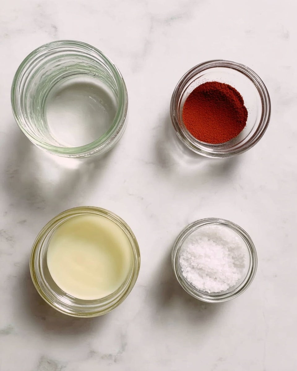 The image shows five small glass containers on a white marbled surface arranged with three at the top and two at the bottom. The top row includes an empty jar on the left, a small bowl of clear liquid in the center, and a small bowl filled with red powder on the right. In the bottom row, there is a small bowl with pale yellow liquid on the left and a small bowl holding white granulated salt on the right. The glass containers are transparent with simple smooth textures, and everything is well spaced out with soft shadows under each bowl. Photo taken with an iphone --ar 4:5 --v 7