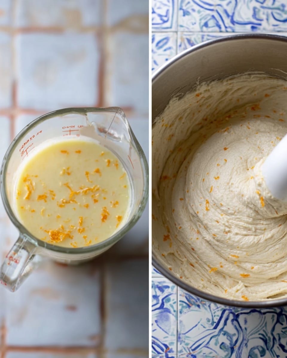 The left image shows a glass measuring cup filled with a light yellow, slightly frothy liquid with small orange specks floating in it, placed on a white marbled surface with blue and grey tile patterns visible underneath. The right image shows a close-up view of a large metal mixing bowl filled with thick, light beige batter with small orange flakes mixed in, being stirred by a white electric mixer. The batter looks smooth and creamy. photo taken with an iphone --ar 4:5 --v 7