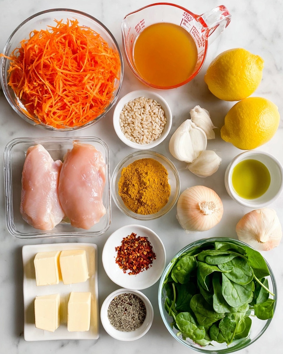 The image shows several ingredients arranged on a white marbled surface. At the center, there is a clear plastic container holding four pieces of raw boneless chicken with a pale pink color and smooth texture. To the right, there is a small white bowl filled with fresh green spinach leaves with a slightly shiny look. Above, a transparent glass measuring cup contains an orange liquid, chicken broth. Near it is a small white bowl with crushed red pepper flakes that are reddish with some crushed seeds visible. On the left side of the chicken, a large clear bowl is filled with shredded bright orange carrots, side by side with a white bowl containing yellow turmeric powder. Between these bowls, a small white bowl holds two blocks of butter that are pale yellow and smooth. Nearby, a small white bowl contains green olive oil. Above the chicken, a peeled light orange onion and white garlic bulb are lying next to two whole bright yellow lemons. At the top middle, a small pile of uncooked brown rice grains is visible. Finally, a small white bowl with salt and pepper mixture sits at the lower right, containing tiny black and white grains. All items are bright and clear, lit by natural light. Photo taken with an iphone --ar 4:5 --v 7