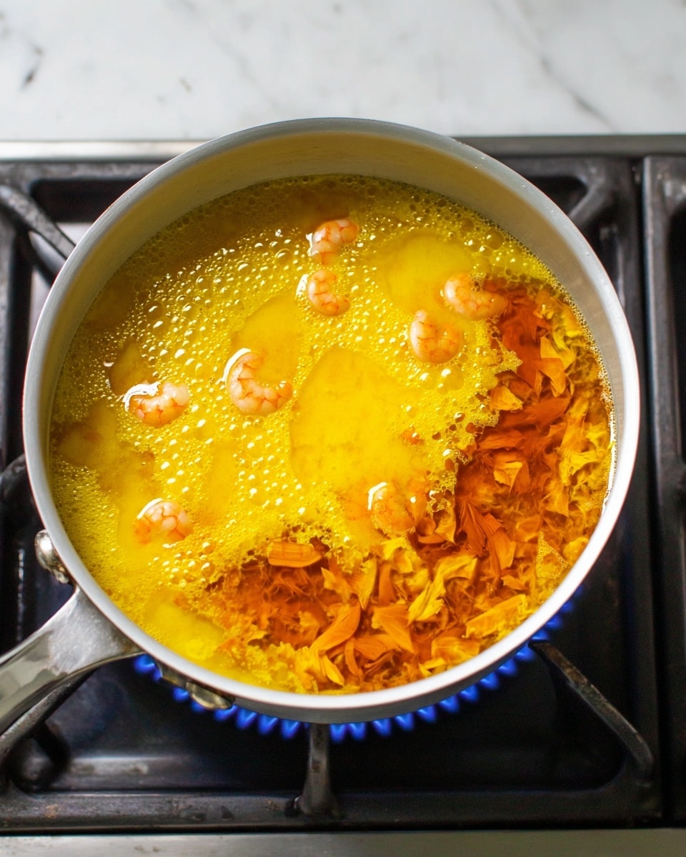 A white saucepan filled with two visible liquid layers is sitting on a stove burner with blue flames. The top layer is a yellow liquid with small light prawn-like pieces floating in it, and the bottom layer has a darker orange-brown color with larger chunks scattered in two main areas near the center and side of the pan. Small bubbles form at the edges of the liquids, showing that it is cooking gently. The stove and burner beneath have a metal texture, and the pan handles are silver with rivets. The overall look is warm with bright yellow and orange colors in the cooking pot, on a white marbled surface. photo taken with an iphone --ar 4:5 --v 7