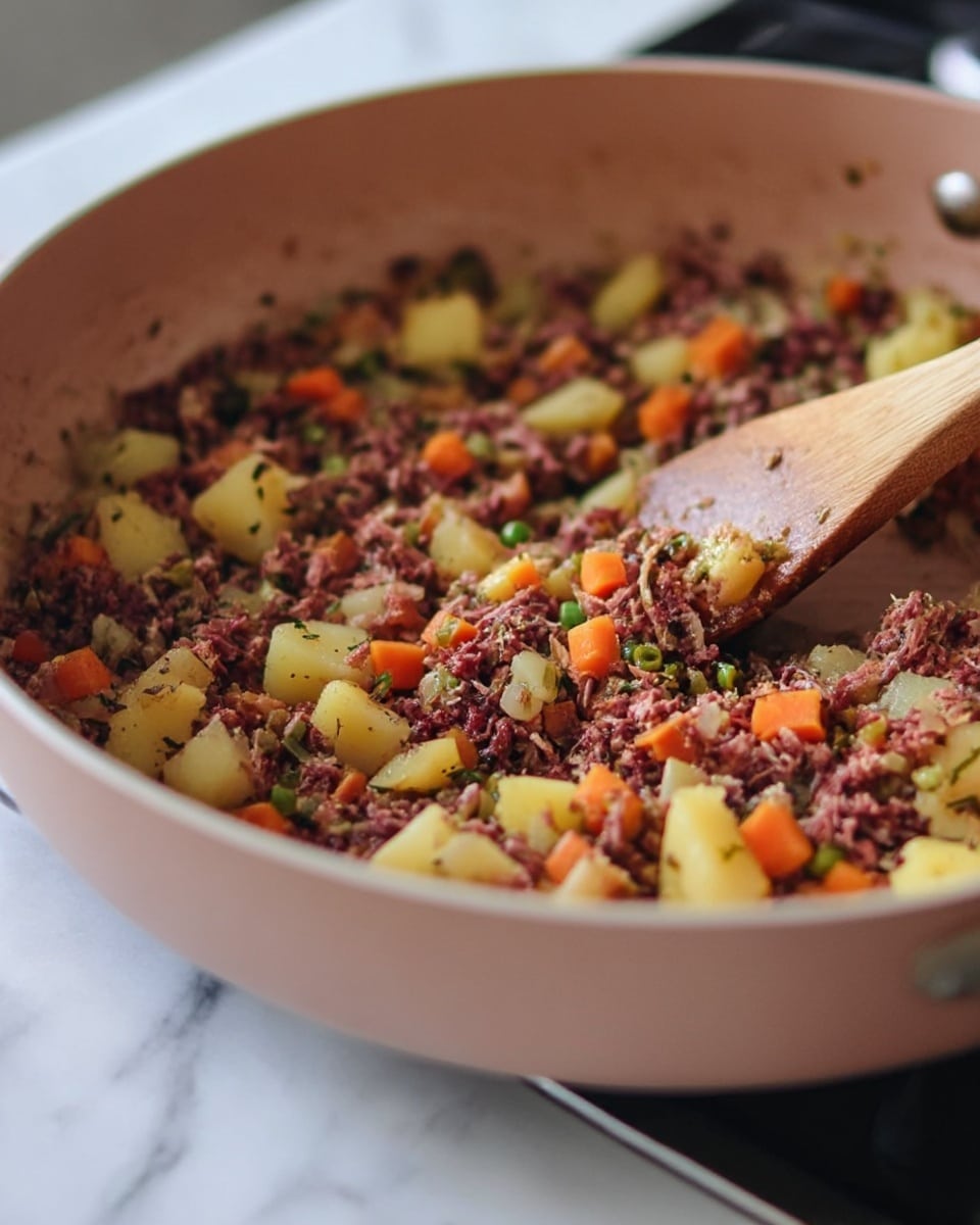 The image shows a light pink pan filled with a mix of shredded dark reddish-brown meat, small chunks of yellow potatoes, tiny orange carrot cubes, and bits of green vegetables, all cooked together. A wooden spoon is stirring the mix inside the pan, showing a close-up view of the colorful and textured food. The pan sits on a stove, and the background is a soft white marbled surface. photo taken with an iphone --ar 4:5 --v 7