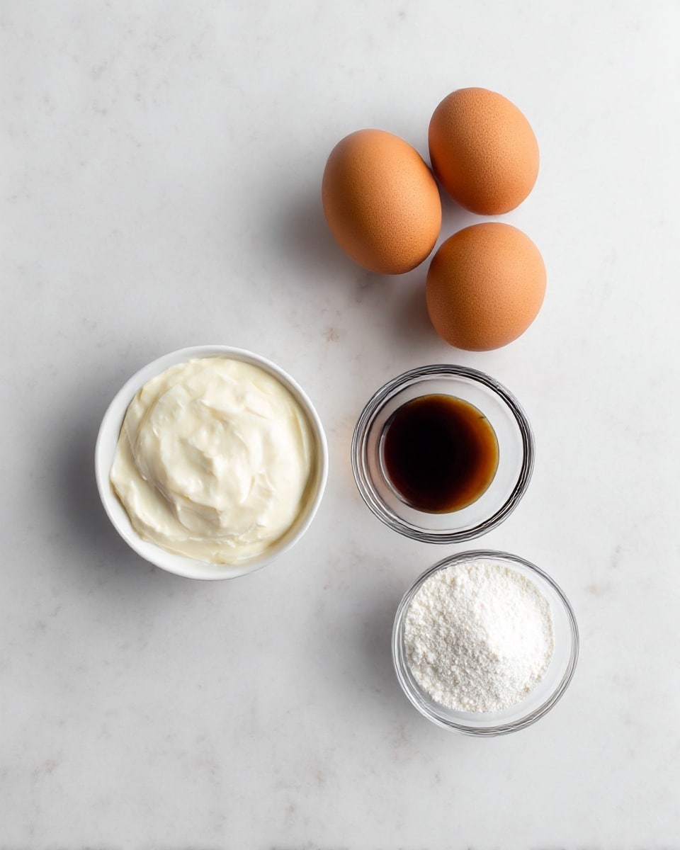 The image shows five brown eggs arranged in a slight arc on a white marbled surface. Near the eggs, there are three small white bowls: one at the top left holds smooth, thick white cream; another at the bottom right contains a small mound of white powder; and a clear glass bowl below the cream bowl holds a small amount of dark brown liquid. The colors are soft and natural, with the eggs' matte shells contrasting against the creamy and powdery textures in the bowls. The setup looks clean and simple, with all items spaced evenly. photo taken with an iphone --ar 4:5 --v 7