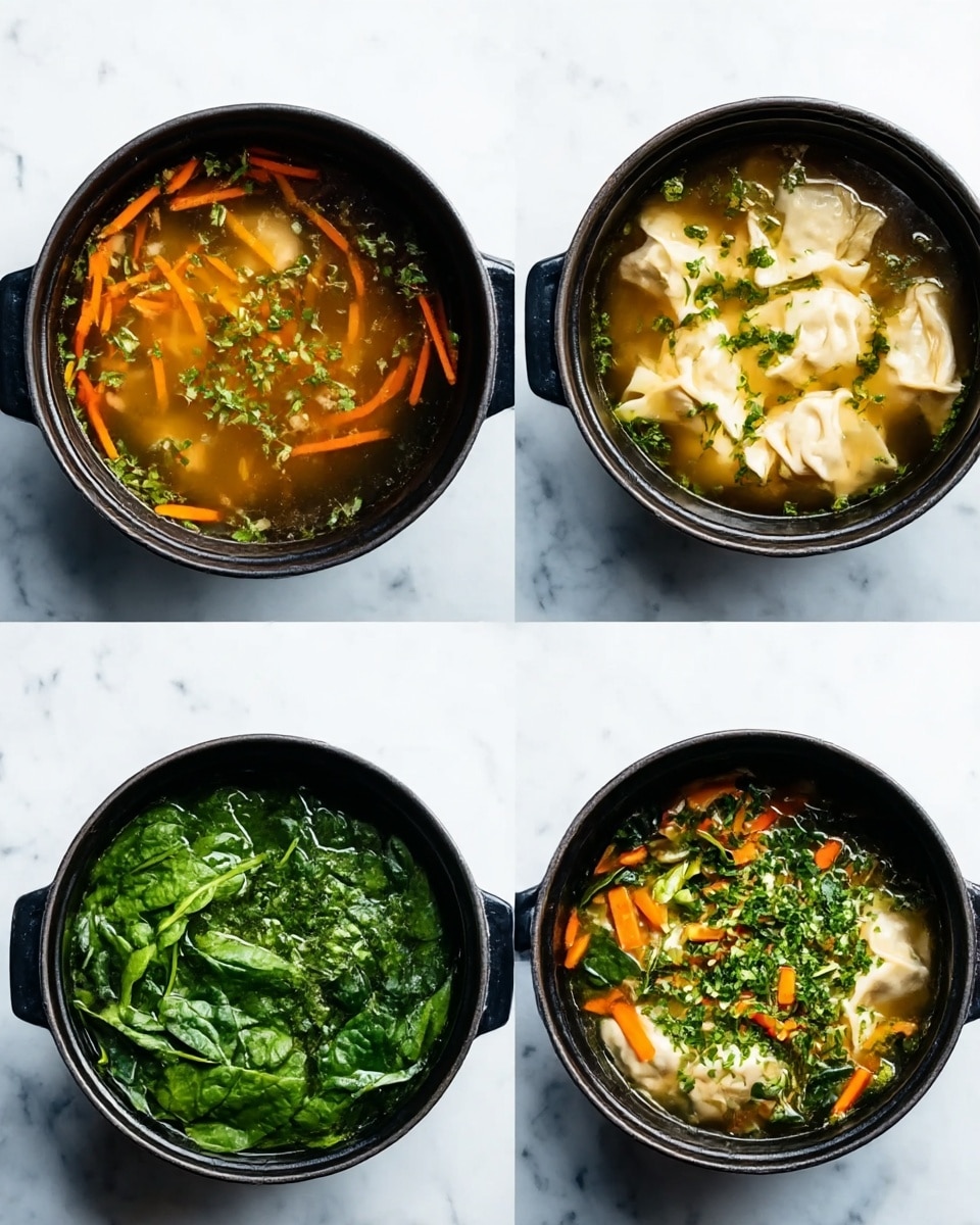 The image shows four black pots on a white marbled surface, each containing different stages of a soup. The first pot holds clear broth with thin orange carrot strips and small green herbs spread on top. The second pot shows dumplings floating in the broth, with carrot strips and herbs scattered around. The third pot is filled with a large layer of fresh spinach leaves, covering the dumplings and broth. The fourth pot displays the finished soup with dumplings, wilted spinach, carrot strips, and finely chopped green herbs evenly spread on top. Photo taken with an iphone --ar 4:5 --v 7