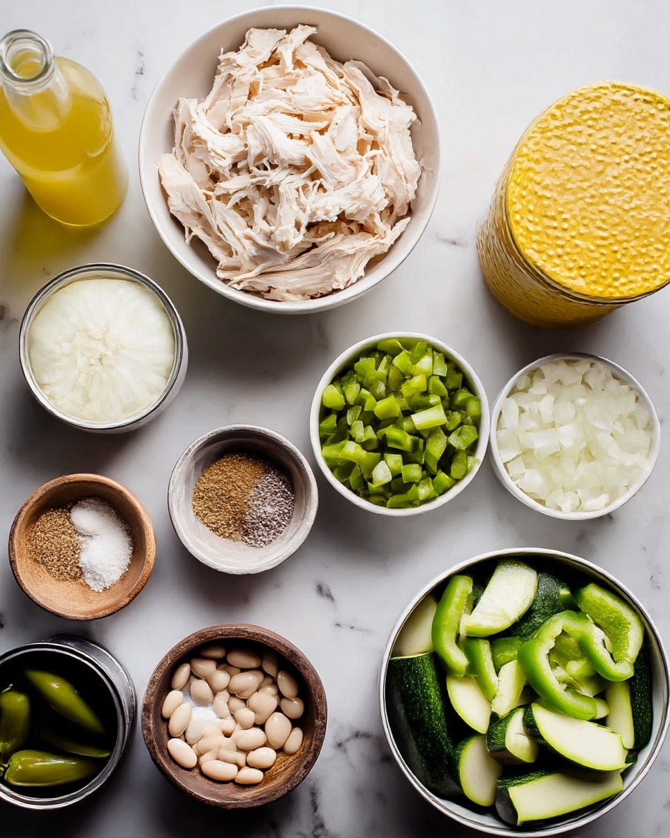 The image shows several ingredients arranged on a white marbled surface. At the top center, there is a white bowl filled with shredded light beige chicken. To the left, there is a clear bottle with yellowish liquid and below it, a white bowl with chopped white onions. To the right of the onions, a white bowl contains chopped green bell peppers. Below the green bell peppers, there is a small wooden bowl with minced garlic. Next to it is a white bowl with a brown powdered spice. Further left is a small wooden bowl with white salt and black pepper. An open can with white beans sits at the bottom left. Above it is an opened small can with green chilies. Finally, to the right, there is a white bowl filled with sliced green zucchini. A yellow can with a textured sauce is placed at the top right. The background is a clean white marbled texture. Photo taken with an iphone --ar 4:5 --v 7