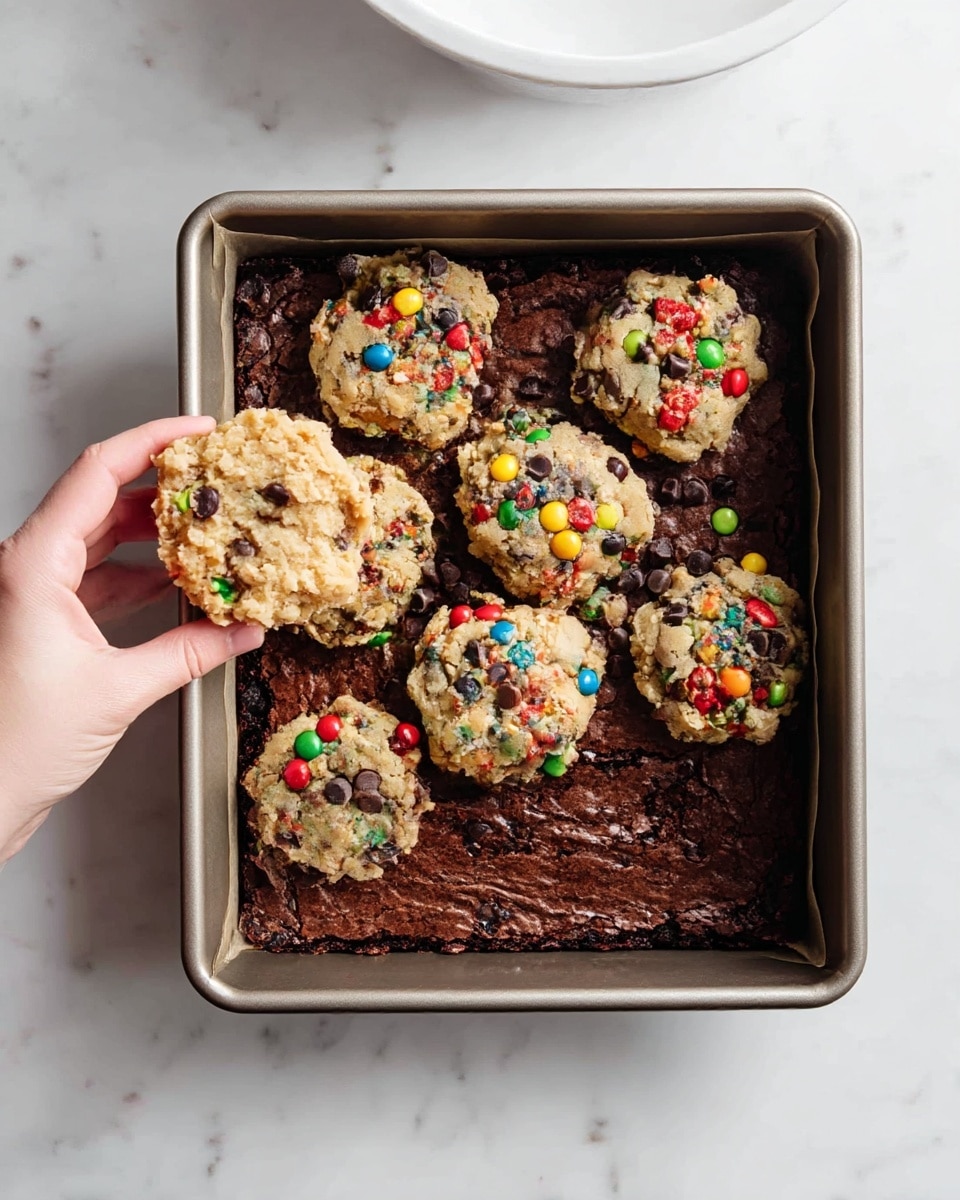 The image shows a square baking pan with two layers: the bottom layer is a rich, dark brown brownie with a smooth, slightly crinkled texture, and the top layer consists of seven unevenly shaped cookie dough clumps mixed with small colorful candy pieces and chocolate chips, spread out over the brownie base. A woman's hand is seen lifting one of the cookie dough pieces from the top left corner, showing its thick and chunky texture. The pan is placed on a white marbled surface, and there is a white mixing bowl partially visible at the top of the image. photo taken with an iphone --ar 4:5 --v 7
