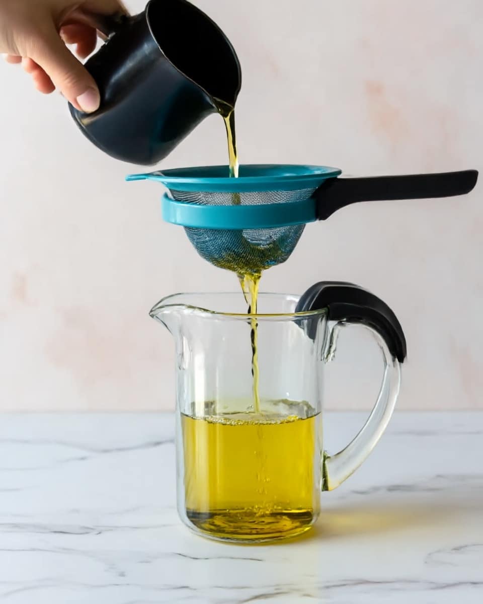 A black pot is tilted above a clear glass pitcher with a handle, pouring golden-yellow liquid through a turquoise strainer placed on top of the pitcher. The pitcher has a small layer of liquid collected at the bottom in yellow color. A woman's hand holds the pot by a black handle against a white marbled surface background. Photo taken with an iphone --ar 4:5 --v 7