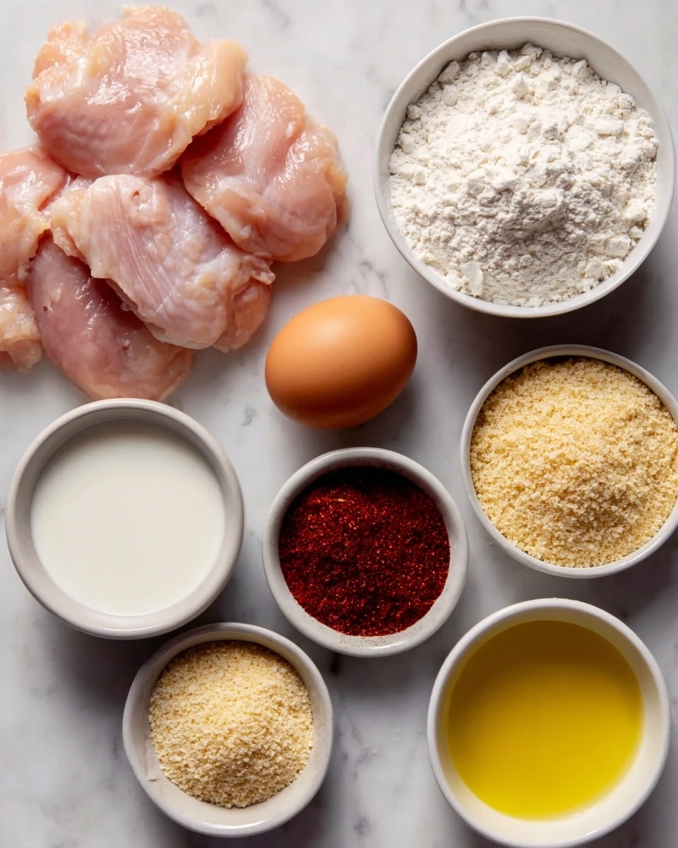 The image shows raw chicken pieces on the left side, pale pink with a smooth and slightly shiny texture. Next to the chicken, there is a single brown egg placed in the center. Around the egg, there are five small white bowls with different ingredients: the top bowl contains white milk, the top right bowl has a heap of white flour, the bottom right bowl holds golden yellow oil, the bottom left bowl contains dark red spice powder, and the middle left bowl has beige breadcrumbs with a coarse texture. All items are placed on a white marbled surface. Photo taken with an iphone --ar 4:5 --v 7