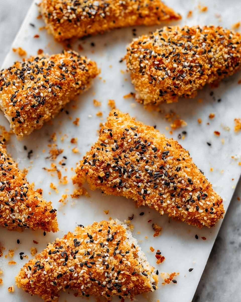 The image shows five pieces of breaded food on a white marbled tray. Each piece is covered with a rough, crunchy outer layer made of golden brown crumbs mixed with black and white sesame seeds scattered evenly over the surface. The pieces are arranged with some gaps, showing their triangular and irregular shapes. There are some crumbs scattered around the pieces on the tray, adding texture and detail. The overall look is crispy and textured with a mix of warm colors from the crumbs and small dark seeds. photo taken with an iphone --ar 4:5 --v 7
