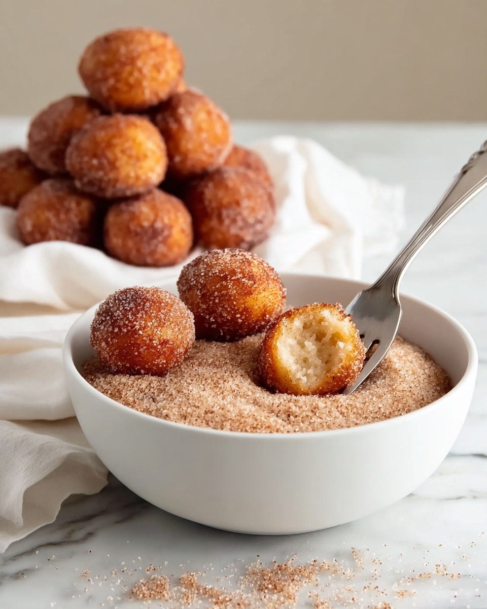A white bowl filled with a thick layer of light brown cinnamon sugar shows four small, round golden brown doughnut holes placed on top. One doughnut hole is impaled by a silver fork on the right side, showing a soft, light-colored inside. Behind the bowl, there is a pile of more golden brown doughnut holes stacked on a white cloth. All items rest on a white marbled surface. The lighting is soft, creating a warm, inviting look. photo taken with an iphone --ar 4:5 --v 7