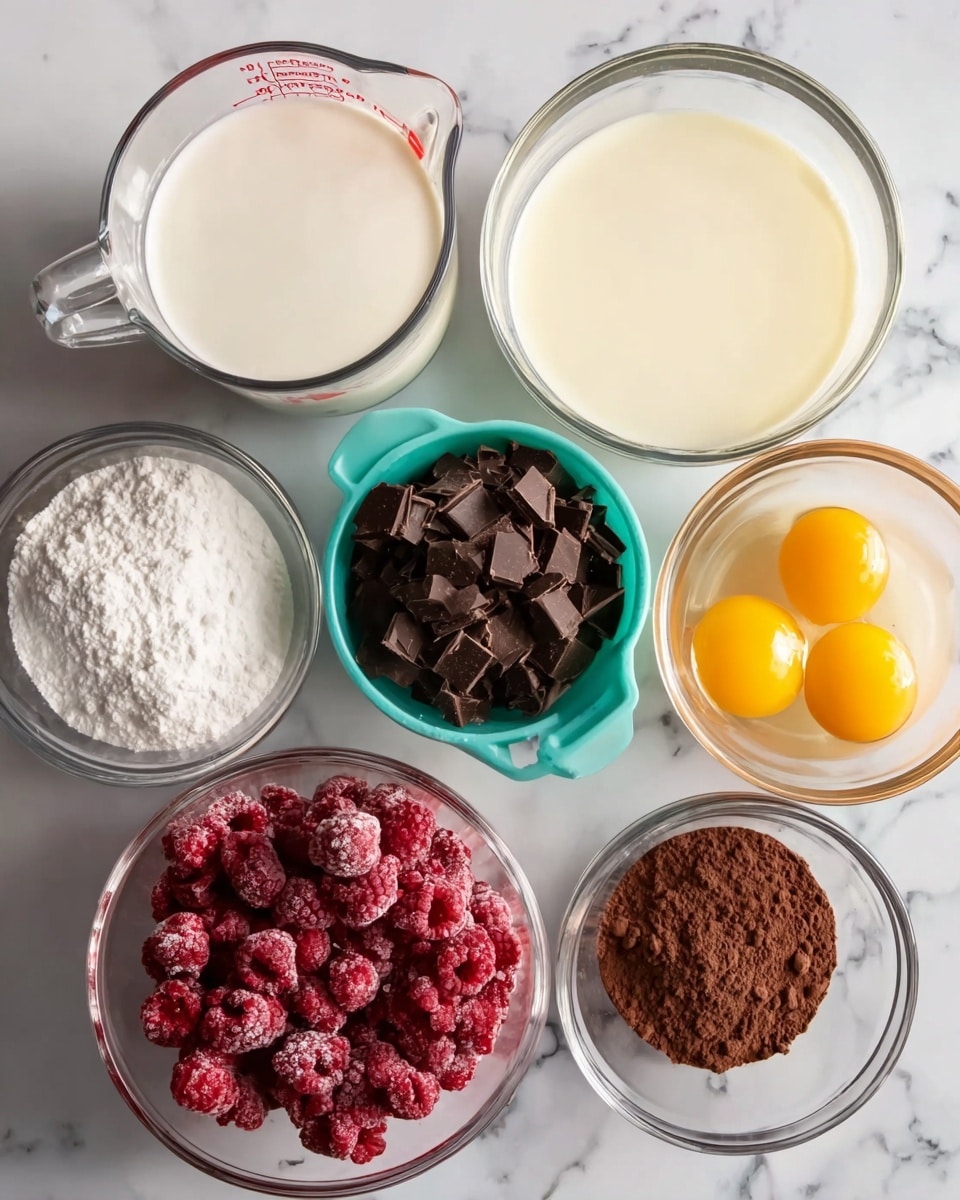 The image shows a top view of seven clear glass and plastic bowls with different ingredients on a white marbled surface. Starting from the top left, there is a glass measuring cup filled with white milk, next to it on the right is a glass mixing bowl with cream inside. Below the cream bowl, there is a smaller glass bowl filled with dark brown chopped chocolate pieces. In the center is a teal plastic measuring cup filled with frozen red raspberries. Below the raspberries to the left, there’s a small glass bowl with white sugar and to its right, a similar glass bowl with brown cocoa powder. The last bowl at the bottom center contains three bright yellow egg yolks. All containers are arranged close together, filling the frame evenly. photo taken with an iphone --ar 4:5 --v 7