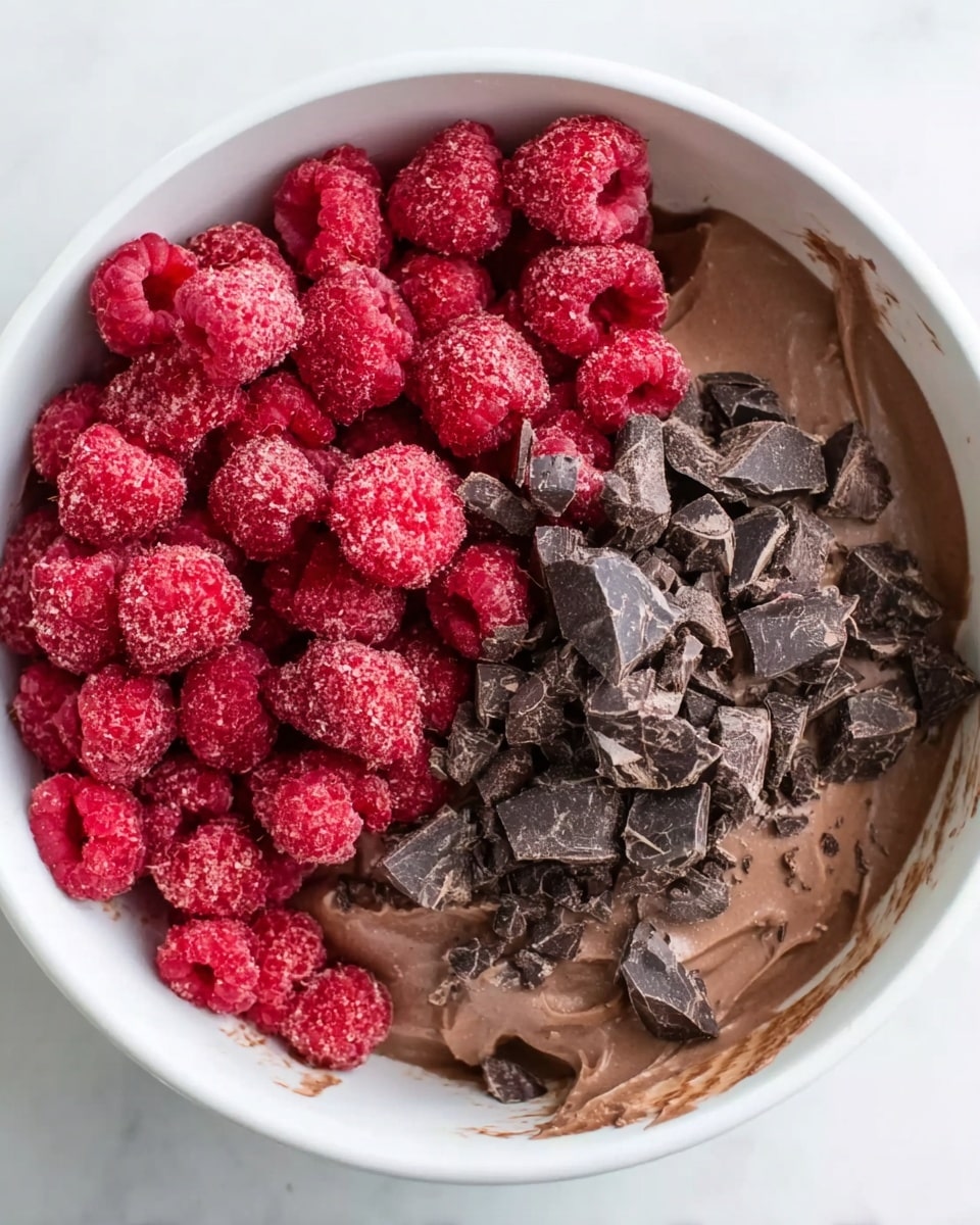 The image shows a white bowl filled with three main layers: a base of smooth, dark brown chocolate mousse, topped on one side with a pile of small, bright red frozen raspberries, and on the other side with a chunk of dark chocolate pieces that are unevenly broken. The colors contrast sharply with the creamy milkiness of the bowl, and there is a bit of chocolate mousse spilled on the edge of the bowl. The bowl is placed on a white marbled surface. photo taken with an iphone --ar 4:5 --v 7