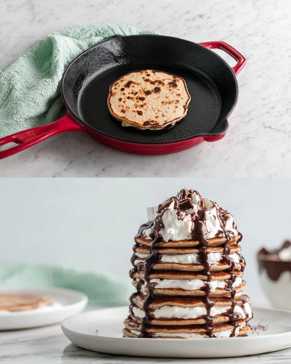 The first image shows a small light brown pancake with visible dark spots cooking in a black cast iron skillet with a red handle, placed on a white marbled surface with a light green cloth nearby. The second image shows a tall stack of seven thick, light brown pancakes layered with white whipped cream in between each one. The pancakes are topped with more whipped cream and a drizzle of dark chocolate sauce running down the sides. The stack sits on a white plate on a white marbled surface. photo taken with an iphone --ar 4:5 --v 7