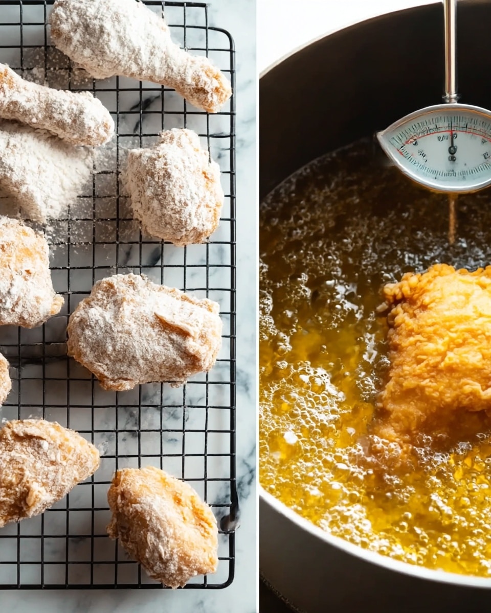The image is split into two parts: on the left side, several pieces of raw fried chicken are coated in a thick, uneven white flour batter and are placed on a black metal wire rack; the texture looks dry and powdery, and the pieces vary in size and shape, lying on a white marbled surface. On the right side, a piece of fried chicken is being cooked in a deep pot filled with bubbling, golden oil; the chicken has a crispy, golden-brown crust and the oil bubbles energetically around it, with a metal thermometer clipped to the side of the pot, adding a vertical element. The pot is a dark tone but placed on the same white marbled surface. photo taken with an iphone --ar 4:5 --v 7