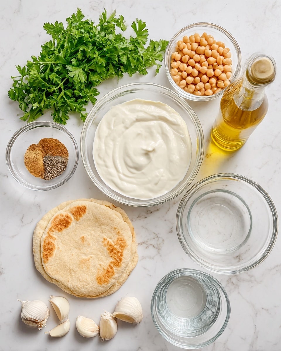 The image shows a white marbled surface with several clear glass bowls and ingredients arranged neatly. In the bottom left, there is a single round, soft pita bread with a light brown, slightly toasted top. Next to it, a large glass bowl is filled with smooth, creamy white yogurt or sauce. Above the yogurt, to the top right, a smaller glass bowl holds beige pine nuts, and to its right is a tall bottle of golden olive oil. In the top center, there is a bunch of fresh green parsley with curly leaves. To the left of the parsley, a small glass bowl contains light brown ground spices mixed with white salt and black pepper. Below it, a glass cup is filled with clear water. Finally, on the far left, several peeled garlic cloves rest directly on the white marbled surface. The setup is clean and organized, ready for cooking. photo taken with an iphone --ar 4:5 --v 7