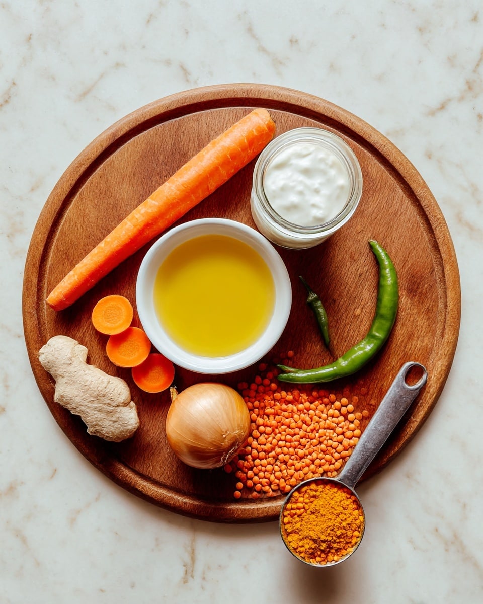 A round wooden board on a white marbled surface holds various cooking ingredients arranged neatly. At the center is a small white bowl filled with bright yellow liquid, possibly oil, next to a small white jar with creamy white yogurt. Surrounding these are an orange carrot partly sliced into rounds, a whole and sliced green chili, two small brown onions, a piece of fresh ginger with cut slices beside it, three garlic cloves, a heap of red lentils in a small metal scoop, and a wooden spoon with yellow curry powder. The composition is bright and colorful with natural textures. photo taken with an iphone --ar 4:5 --v 7