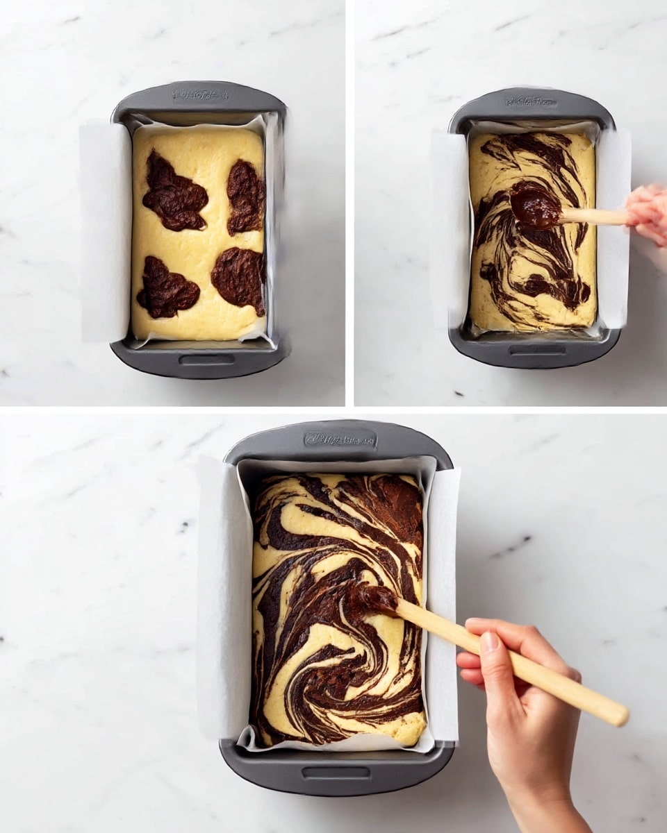 A three-part image shows a process of making a marbled cake in a gray baking pan lined with white parchment paper and placed on a white marbled surface. In the first part, a smooth light yellow batter fills the pan with several blobs of dark brown batter on top, and a woman's hand is adding more dark batter with a spoon. In the second part, the dollops of dark and light batter stay on the yellow base with no stirring. In the third part, a woman's hand is using a wooden chopstick to swirl the dark and light batter together, creating a marbled pattern over the top layer. Photo taken with an iphone --ar 4:5 --v 7