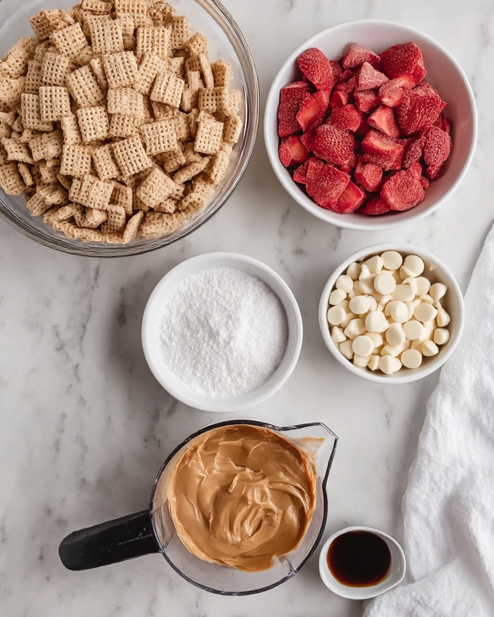 The image shows six bowls with different ingredients placed on a white marbled surface. In the top left, there is a large clear glass bowl filled with light brown, square cereal pieces that have a woven texture. To the right of it is a white bowl containing dark red, sliced freeze-dried strawberries with a rough texture. Below the cereal bowl is a small white bowl packed with white powdered sugar that looks soft and fine. Next to it, in the center, a white measuring cup with a black handle holds smooth and shiny light brown peanut butter. Underneath the powdered sugar and peanut butter, a white bowl with white chocolate chips is visible, showing shiny round flat discs stacked loosely. To the right of the peanut butter is a small white dish with dark brown vanilla extract. A white cloth is partially visible on the far right. Photo taken with an iphone --ar 4:5 --v 7