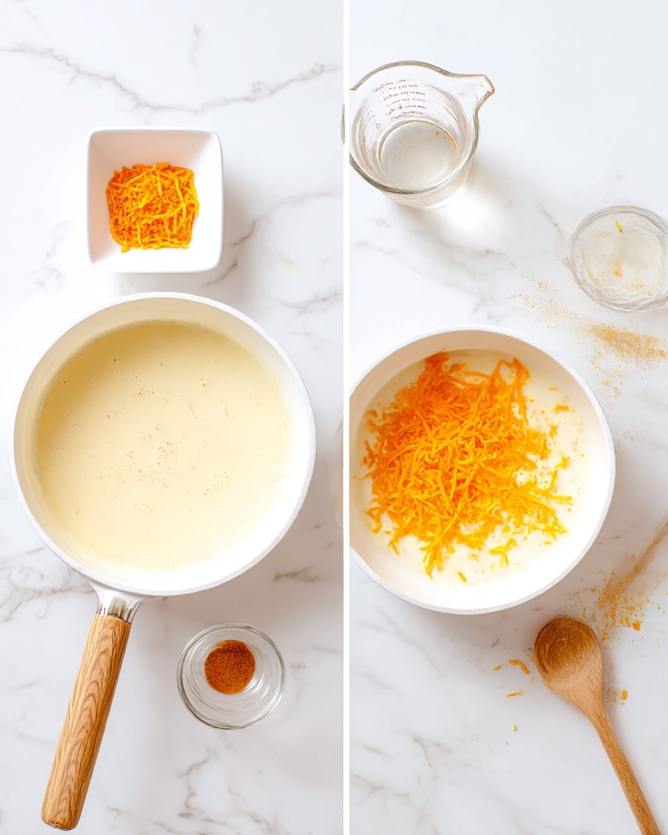 The image shows two scenes on a white marbled surface: on the left, a white pan with a wooden handle contains a creamy pale yellow liquid, surrounded by a small white square dish filled with orange seasoning, a white bowl filled with shredded bright orange cheese, a clear measuring cup with a small amount of liquid, and a wooden spoon with some white residue; on the right, the same white pan now contains the creamy liquid topped with a layer of shredded bright orange cheese and a sprinkle of orange seasoning, with the wooden spoon laying nearby, also showing some white residue. photo taken with an iphone --ar 4:5 --v 7