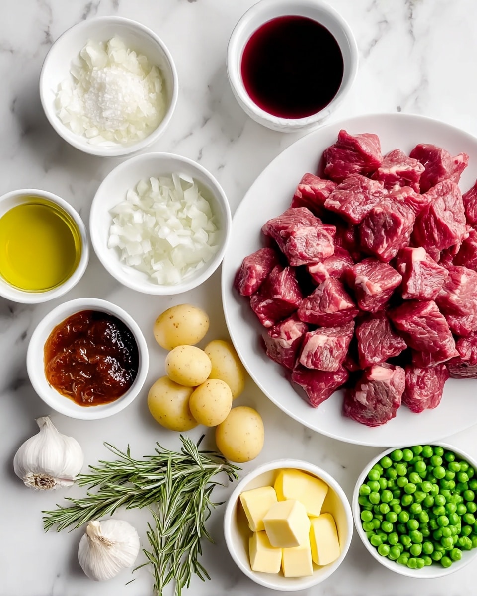 The image shows several small white bowls and a white plate arranged on a white marbled surface. In the center right, a large white plate holds many pieces of raw red meat, cut into cubes with some light marbling of fat. Surrounding it, from top left going clockwise, are a small bowl of golden olive oil, a bowl of finely chopped white onions, a white bowl with a dark red liquid, and a bowl of small yellow potatoes. Below these are a sprig of fresh rosemary, a small white bowl filled with white salt or powder, a bowl of dark orange jam or sauce, two garlic cloves on the marble surface, a bowl of bright green peas, and a small bowl with soft yellow butter cubes. The ingredients are neatly arranged and well-lit. photo taken with an iphone --ar 4:5 --v 7
