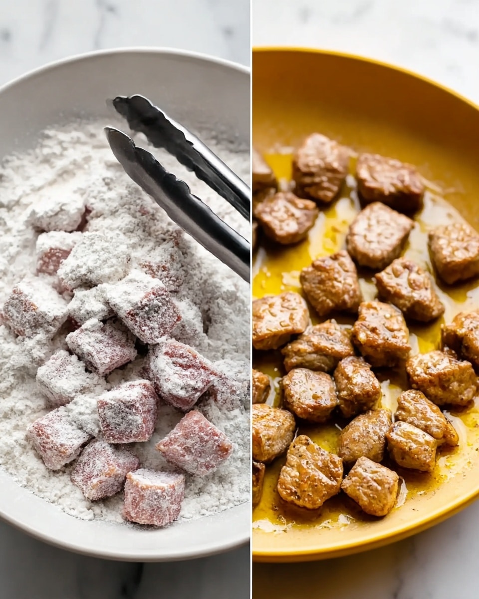 The image shows two parts side by side. On the left, there are raw meat cubes covered with a white powdery flour inside a white bowl. A pair of metal tongs with a black tip is holding some pieces of meat. On the right, cooked meat cubes are browning nicely in a yellow pan with oil. The meat pieces have a golden brown crust and a tender texture with oil glistening around them. Both parts of the image have a white marbled surface in the background. Photo taken with an iphone --ar 4:5 --v 7