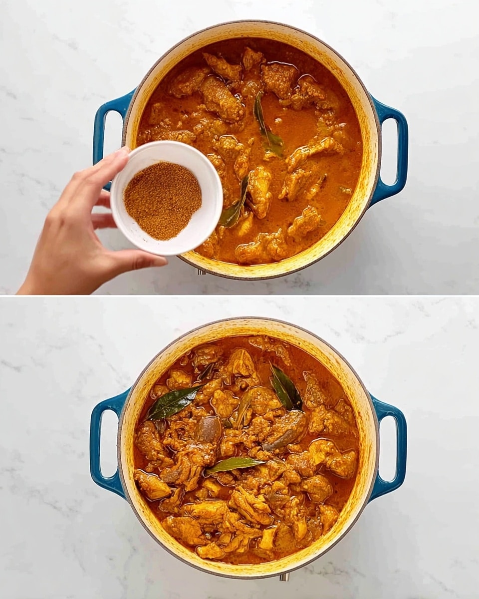 Two images show the process of cooking a rich orange-brown curry with pieces of meat and a few visible green leaves in a white pan with blue handles, placed on a white marbled surface. In the first image, a woman's hand holds a small white bowl filled with brown spice powder above the pan, ready to sprinkle the spices into the simmering curry. In the second image, the curry is fully mixed, showing tender, cooked meat pieces evenly coated in the thick sauce with some oil glistening on the surface. The white marbled background is clean and bright, highlighting the vibrant colors of the dish. photo taken with an iphone --ar 4:5 --v 7