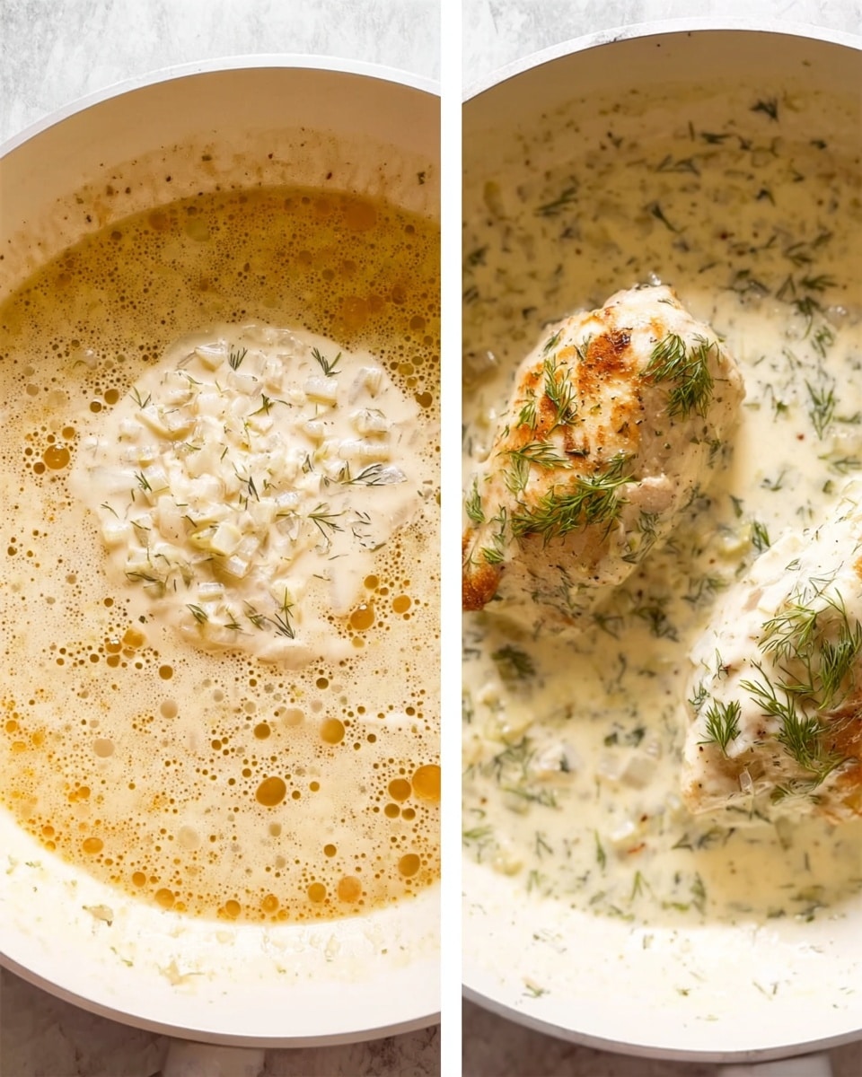 The first image shows a white pan with a creamy sauce that has small chunks of onion spread evenly throughout the light brown liquid. The sauce is bubbling gently in the center of the pan on a white marbled texture. The second image shows the same white pan with two browned pieces of cooked chicken sitting in a thick white cream sauce. The sauce has visible fresh green dill sprinkled on top and around the chicken. The chicken pieces have a slightly crispy light brown surface and are surrounded by the creamy sauce on the white marbled texture. photo taken with an iphone --ar 4:5 --v 7