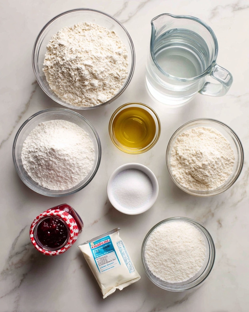 A top-down view showing several clear glass bowls and small containers with baking ingredients on a white marbled surface. The largest bowls hold off-white all purpose flour on the left and bread flour on the right, both with a powdery texture. There is a smaller white bowl filled with fine white powdered sugar placed near the center bottom, and near it a small glass bowl of white granulated sugar. A very small dish holds coarse white salt. To the right of the powdered sugar is a glass cup with golden-colored oil. Above it is a large clear glass pitcher filled with transparent water. Near the bottom center is a small clear jug with white milk and a packet of active dry yeast in blue and red packaging sits near the sugar. At the bottom left, a red and white checkered jar of dark raspberry jam completes the setup. Photo taken with an iphone --ar 4:5 --v 7