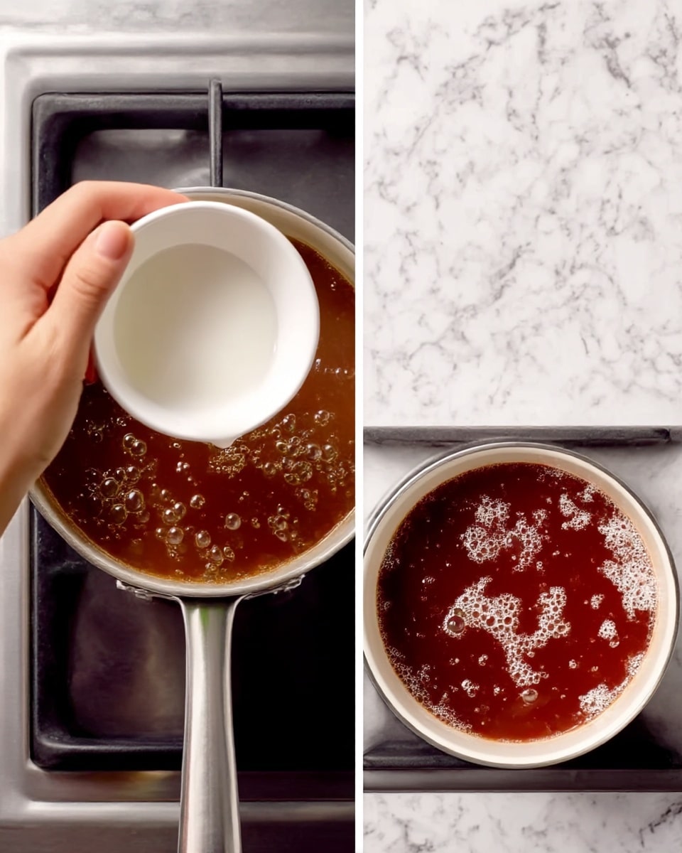 The left part of the image shows a close-up of a woman's hand pouring white liquid from a small white bowl into a pot of boiling dark brown liquid on a stove, bubbles rising on the surface. The right part shows a top view of a pot on the stove with dark reddish-brown liquid simmering with small white foam spots scattered on the surface. The background and stove area have a white marbled texture. Photo taken with an iphone --ar 4:5 --v 7