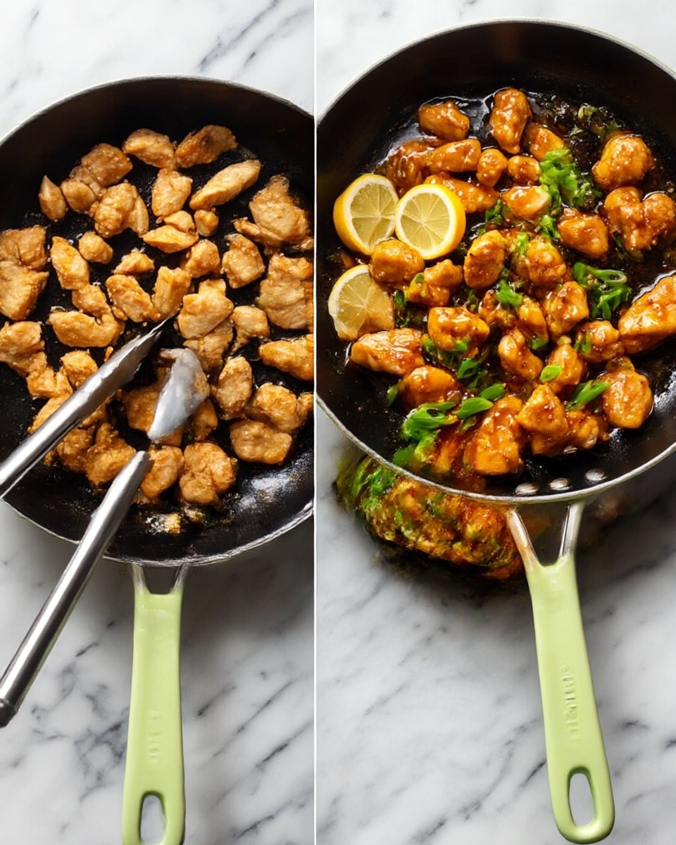 The image shows two black pans with light green handles on a white marbled surface. The pan on the left contains small pieces of light golden brown cooked chicken scattered evenly, with metal tongs holding some pieces. The pan on the right features small golden brown chicken pieces coated in a shiny sauce, arranged in a pile, topped with thin slices of lemon and bright green chopped scallions, giving a fresh and vibrant look. photo taken with an iphone --ar 4:5 --v 7