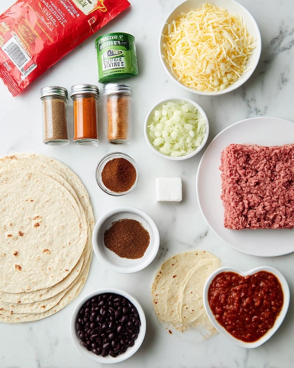 The image shows ingredients laid out on a white marbled surface, ready for cooking. At the center bottom, there is a stack of light beige tortillas with soft, slightly uneven textures. To the right, a white plate holds a block of pinkish ground beef with visible strands. Above that is a small white bowl filled with shredded pale yellow cheese. At the top center, another white bowl contains chopped white onion pieces. Below that, there is a tube of green and silver labeled