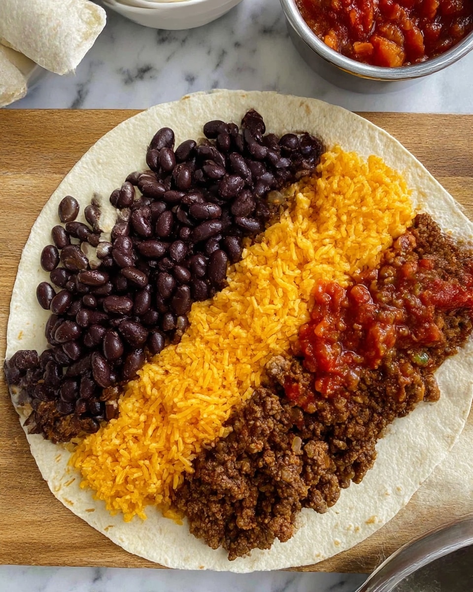 A large flat tortilla is laid flat on a wooden board with four layers spread side by side from left to right near the center. The first layer is shiny black beans, smooth and oval-shaped with a slight gloss. Next to it is bright orange rice, fluffy and slightly loose. The third layer is cooked ground beef mixed with small bits of light brown onions, dark brown in color with a crumbly texture. The final layer is chunky red salsa with pieces of tomato visible, moist and slightly glossy. The background is a white marbled surface with parts of white bowls and a metallic container visible around the edges. Photo taken with an iphone --ar 4:5 --v 7