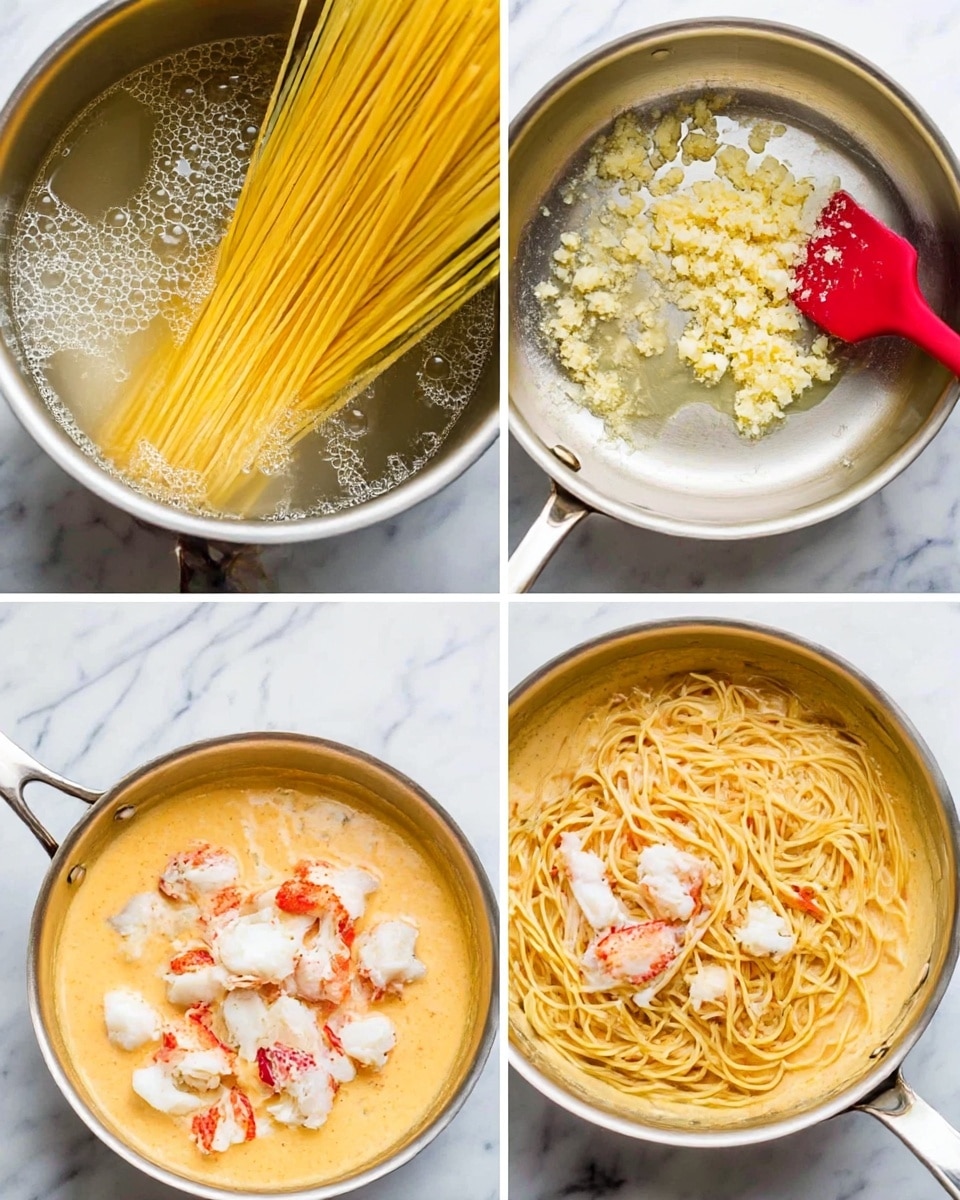 Four images show the process of making pasta. The first image on the top left shows long yellow spaghetti being added into a pot of boiling water, with bubbles on the water surface. The second image on the top right shows minced garlic sautéing in melted butter in a shiny silver pan, with a red silicone spatula resting on the side. The third image on the bottom left shows a creamy, light orange sauce in the pan with chunks of white and reddish lobster meat added on top. The fourth image on the bottom right shows the cooked spaghetti mixed well with the creamy orange sauce and lobster in the pan. The background is a white marbled texture. Photo taken with an iphone --ar 4:5 --v 7