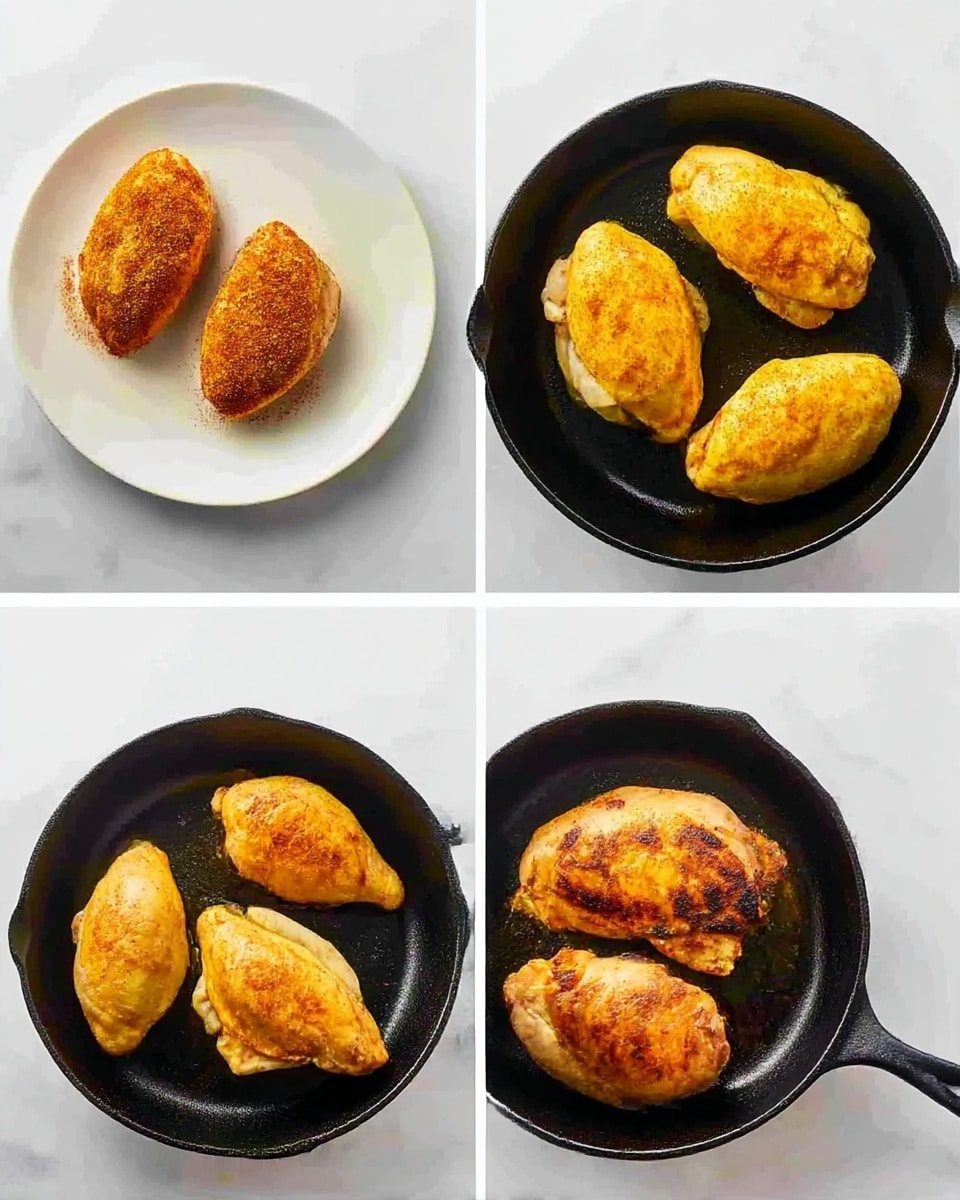 The image shows a three-step set of photos of a cooking process. The first photo has four pieces of raw chicken on a white plate, each piece seasoned with a reddish-brown spice mix covering the whole surface. The second photo displays the same four chicken pieces placed inside a black cast iron skillet over a white marbled surface, with their golden yellow color and raw texture still visible. In the third photo, the chicken pieces are inside the skillet now cooked, showing a darker golden brown color with a slightly crispy texture and some parts browned more than others. photo taken with an iphone --ar 4:5 --v 7