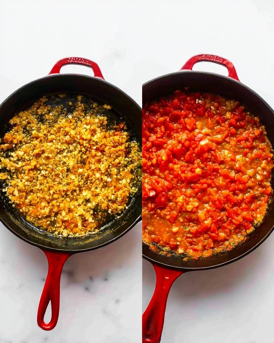The image shows two side-by-side views of a black cast iron pan with a red handle, placed on a white marbled surface. In the left view, the pan contains two separate layers: on the left side, there is a yellowish, finely chopped garlic and ginger mix with a slightly oily texture, and on the right side, there is a bright red layer of diced tomatoes with a juicy and fresh appearance. In the right view, these two layers are blended together into a single, thick sauce with a mix of red and orange colors, showing the tomatoes cooked down and mixed with the garlic and ginger, creating a rich texture. The overall look is of a warm, hearty mixture cooking in the pan. Photo taken with an iphone --ar 4:5 --v 7