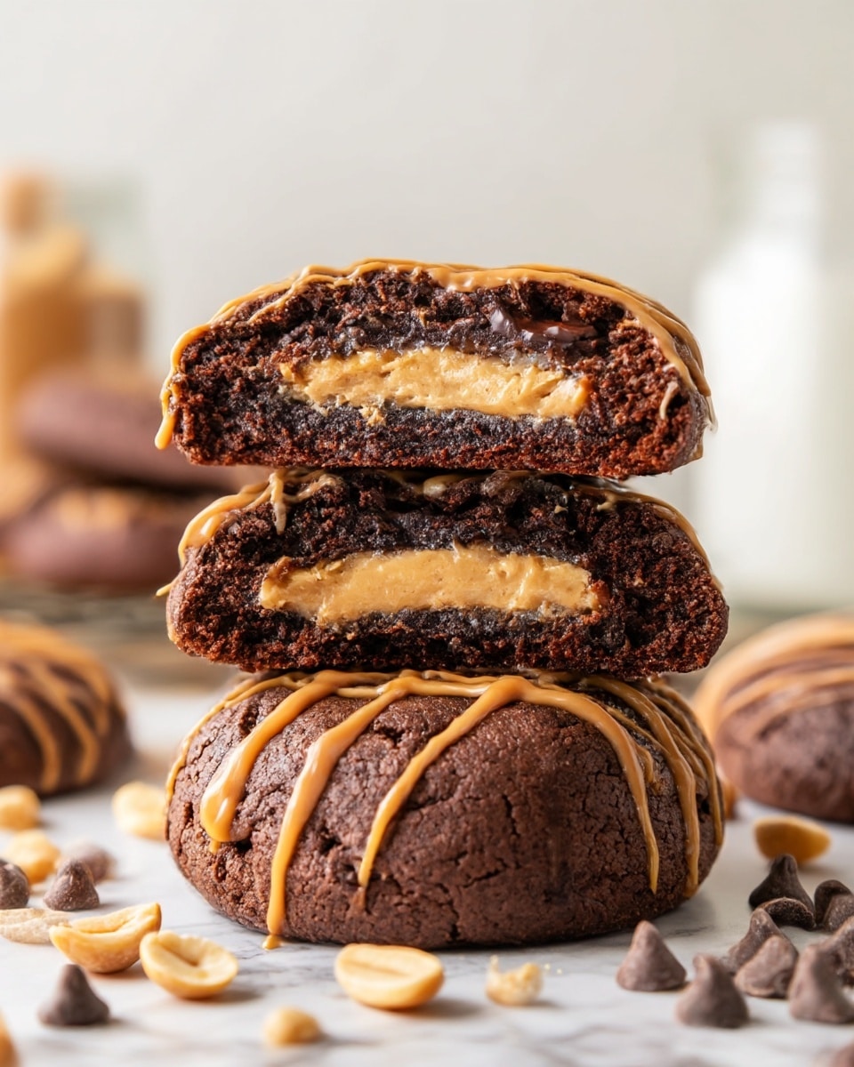 The image shows a stack of two thick chocolate cookies on the bottom, dark brown and rough textured, drizzled with light brown peanut butter sauce. On top sits a third chocolate cookie, broken in half and placed to show its inside, revealing a creamy peanut butter filling with a dark chocolate layer beneath it. The whole stack is also topped with thin lines of peanut butter sauce. Around the base of the cookies are scattered chocolate chips and peanuts. The background has a white marbled texture, and there is a blurred white cup and jar visible in the distance. Photo taken with an iphone --ar 4:5 --v 7