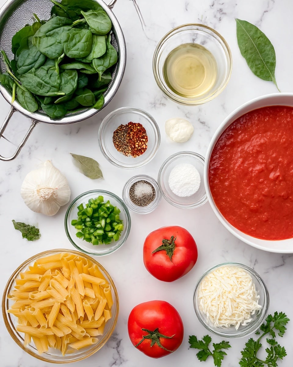 A variety of fresh ingredients are arranged on a white marbled surface. Starting from the top left, there is a metal colander filled with fresh green spinach leaves. Near the center, a small clear glass bowl contains clear oil. To the right, a large white bowl is filled with smooth, red tomato sauce. Below the sauce, two fresh red tomatoes with green stems rest on the surface. In the middle, several small clear glass bowls hold green diced bell peppers, chopped white onions, minced garlic, and a pile of shredded white cheese. Another small glass bowl contains a mix of salt, black pepper, red pepper flakes, and a bay leaf. Close to the bottom left, a clear bowl is filled with dry yellow penne pasta. Fresh green parsley leaves are scattered lightly among the ingredients. A whole white garlic bulb sits near the cheese. The image is bright and clean, with all items neatly spaced. Photo taken with an iphone --ar 4:5 --v 7