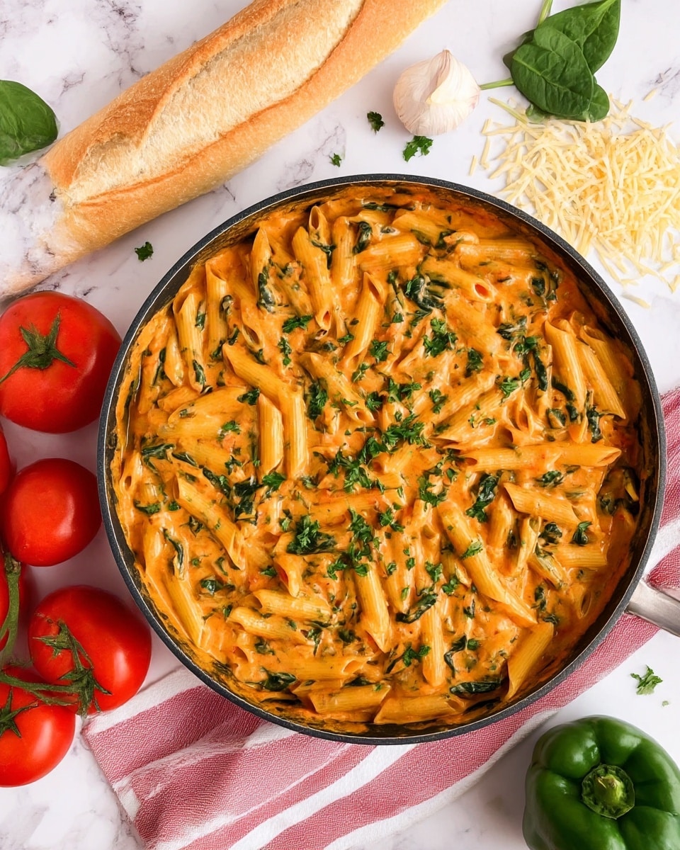 A round pan filled with creamy orange pasta sauce mixed with penne pasta is seen from above. The sauce has bits of green spinach and is sprinkled with chopped parsley on top, adding a fresh touch. The penne pasta is coated evenly, showing a smooth, slightly shiny texture. Around the pan, there are fresh tomatoes on the vine to the lower left, a piece of long bread to the upper left, a green bell pepper to the right, some spinach leaves, shredded cheese, and a garlic bulb, all placed on a white marbled textured surface with a light pink and white striped cloth under the pan. photo taken with an iphone --ar 4:5 --v 7