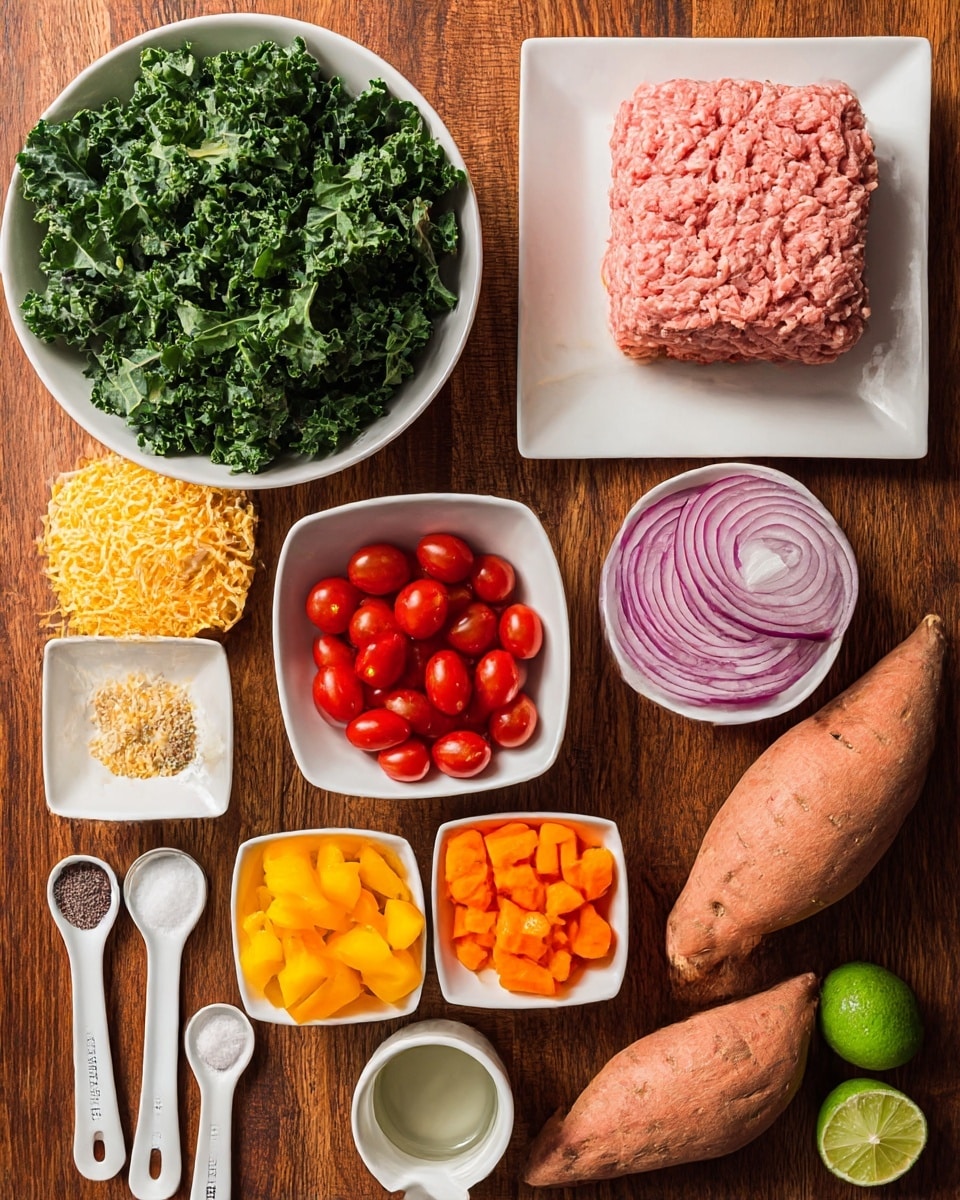 The image shows many small bowls and plates with different fresh ingredients arranged on a wooden surface. On the top left, a white bowl is full of chopped green leafy kale. Next to it on the right, a white square plate holds a block of raw ground meat with a pinkish color and soft texture. Below the kale, there is a white bowl filled with shredded yellow cheese. To the right of the cheese, a white bowl contains thinly sliced red onions with a shiny texture. Below the cheese, a small white bowl holds red cherry tomatoes, some whole and some halved, showing bright red insides. At the bottom left, two small bowls hold chopped garlic cloves and coarse salt. Next to them are two white measuring spoons with pepper and salt. Lower center, a white square bowl contains chopped yellow bell peppers, and to the right of that, a smaller white bowl has chopped orange bell peppers. Two whole unpeeled sweet potatoes are placed in the middle of the image on the wood surface. At the bottom right, there are two lime halves next to a small white cup with clear liquid. The background is a rich wooden texture. Photo taken with an iphone --ar 4:5 --v 7