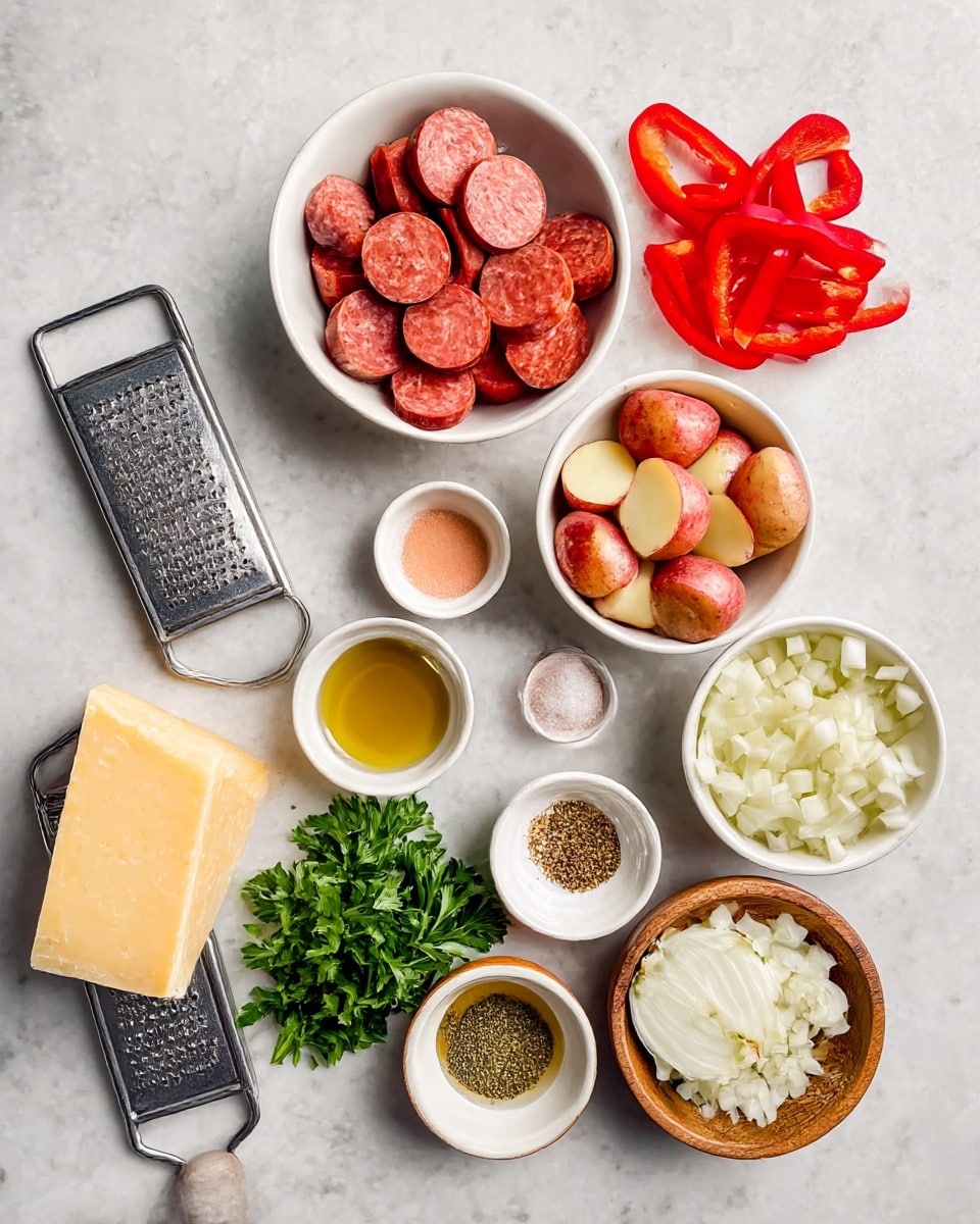 A top view shows various ingredients arranged on a white marbled surface: in the top left, a white bowl holds thick slices of reddish sausage; beside it to the right, another white bowl contains bright red pepper strips; next to that, a third white bowl is filled with halved small red potatoes with pale insides; at the bottom right, there is a white bowl of chopped white onions; fresh green parsley lies below the onions. Smaller white bowls and wooden bowls are placed in the center containing minced garlic, dried herbs, golden olive oil, amber-colored liquid, pink salt, and black pepper. A wedge of pale yellow cheese rests on a metal grater with a brown wooden handle on the left side. photo taken with an iphone --ar 4:5 --v 7