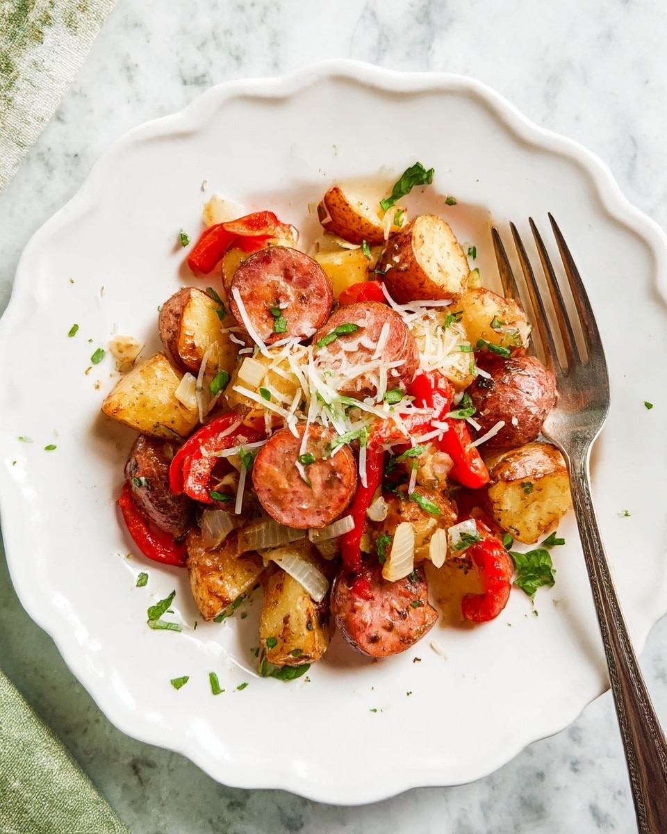 The dish is served on a white scalloped plate, presenting one main layer of cooked red potatoes, sliced sausage pieces in pinkish red, and thin strips of bright red bell peppers mixed together. The potatoes have a golden-brown crisp texture with some soft centers, while the sausage slices are smooth and round with a slight browned edge. Lightly sautéed small diced onions with a translucent look are scattered among the ingredients. The meal is topped with a light sprinkling of shredded white cheese and fresh green chopped herbs for a touch of color. A fork rests on the right side of the plate, and the white marbled surface beneath adds a clean, bright contrast photo taken with an iphone --ar 4:5 --v 7