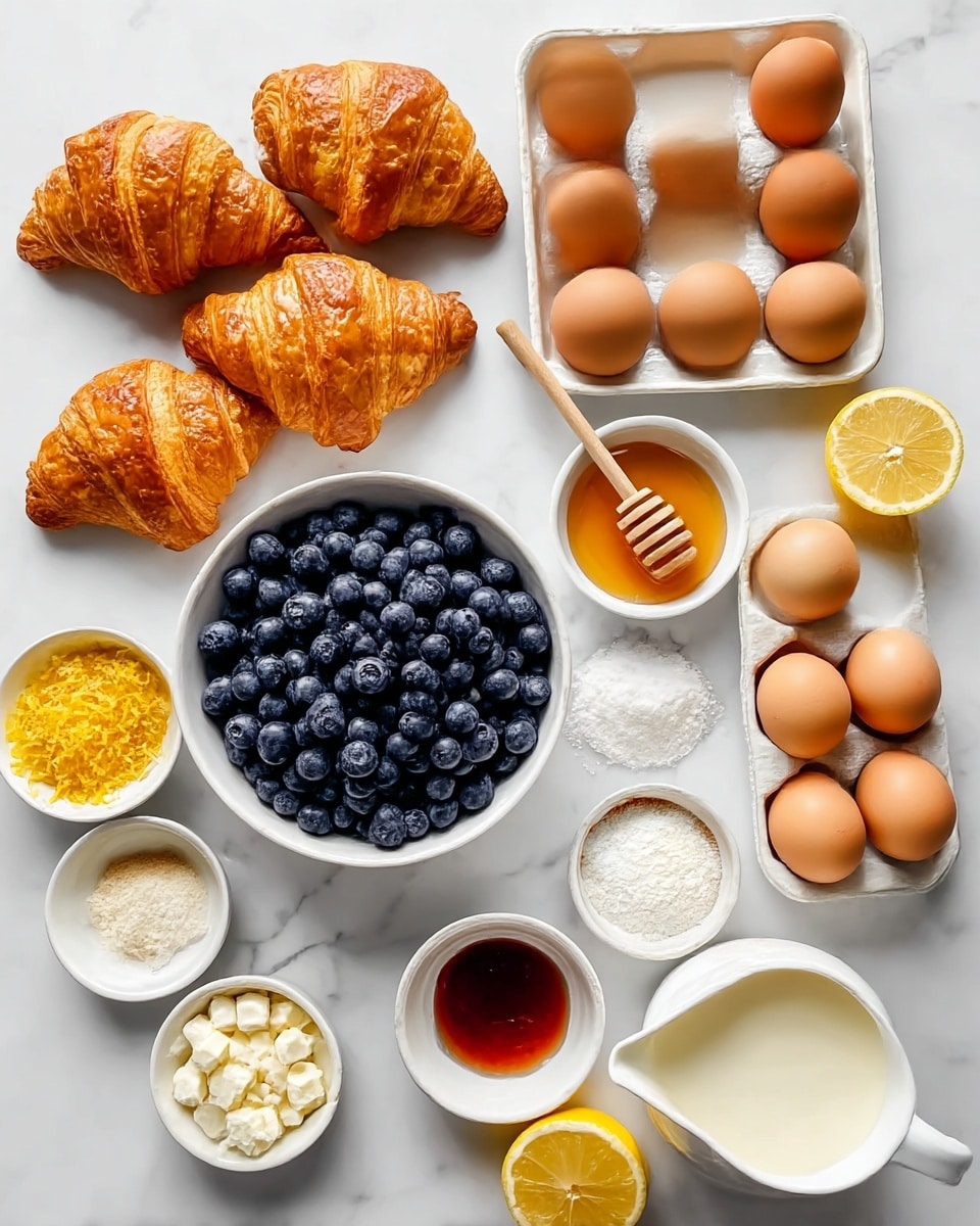 The image shows a collection of ingredients placed on a white marbled surface. There are six golden brown croissants grouped together at the top left. In the center is a white bowl filled with fresh blueberries. Around it are smaller white bowls: one with honey and a wooden honey dipper, another with grated lemon zest, one with a small mound of white powder, another with a reddish liquid, a bowl of cubed white cheese, and a bowl of brown powder. A white tray holds six brown eggs arranged in two rows. A white pitcher filled with cream or milk is on the bottom right. Two lemon halves are placed near the top right. photo taken with an iphone --ar 4:5 --v 7