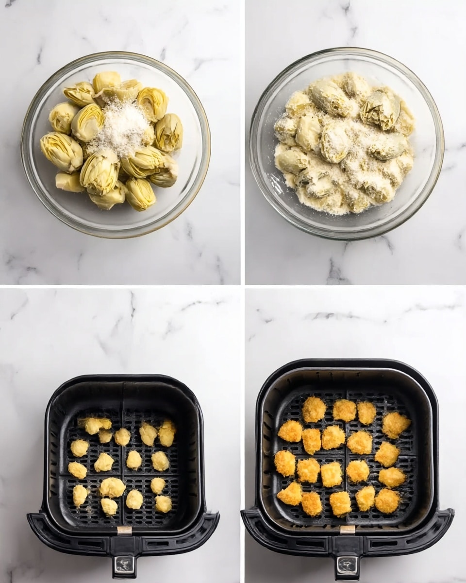 The image shows four steps of making a food dish, arranged in a 2x2 grid on a white marbled surface. The top left image has a clear glass bowl with pale yellow artichoke pieces and white powder on top. The top right image shows the same bowl with the artichokes covered evenly in a light creamy mixture. The bottom left image has a black air fryer basket filled with rows of small, pale yellow pieces lined up neatly. The bottom right image shows the air fryer basket with the pieces now golden brown and crispy. Photo taken with an iphone --ar 4:5 --v 7