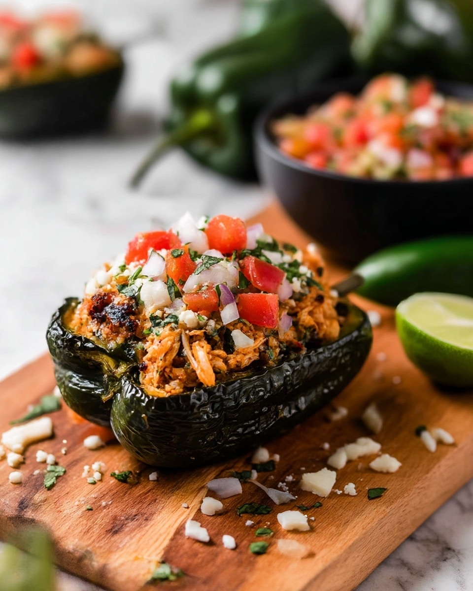 The image shows a roasted dark green stuffed pepper half placed on a wooden cutting board with a few crumbs and small pieces of white cheese scattered around it. The pepper is filled with several layers: a base of shredded, cooked light brown meat with some darker grilled edges, topped with small diced red tomatoes, finely chopped white onions, and green herbs sprinkled on top. Behind the stuffed pepper, there are whole raw dark green peppers in soft focus. To the side, part of a black bowl filled with a chunky tomato salsa with red tomato pieces and white onion can be seen. A sliced lime wedge in bright green lies near the pepper. The whole scene is set on a white marbled textured surface. The photo taken with an iphone --ar 4:5 --v 7