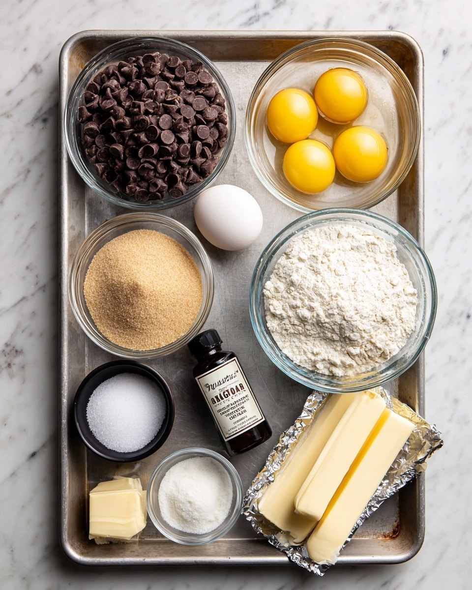 A metal baking tray on a white marbled surface holds several clear glass bowls filled with baking ingredients. Starting from the top left, there is a large bowl full of dark brown chocolate chips. To the right, a medium bowl has two whole raw yellow eggs with clear whites. Next to it is a small black bottle labeled