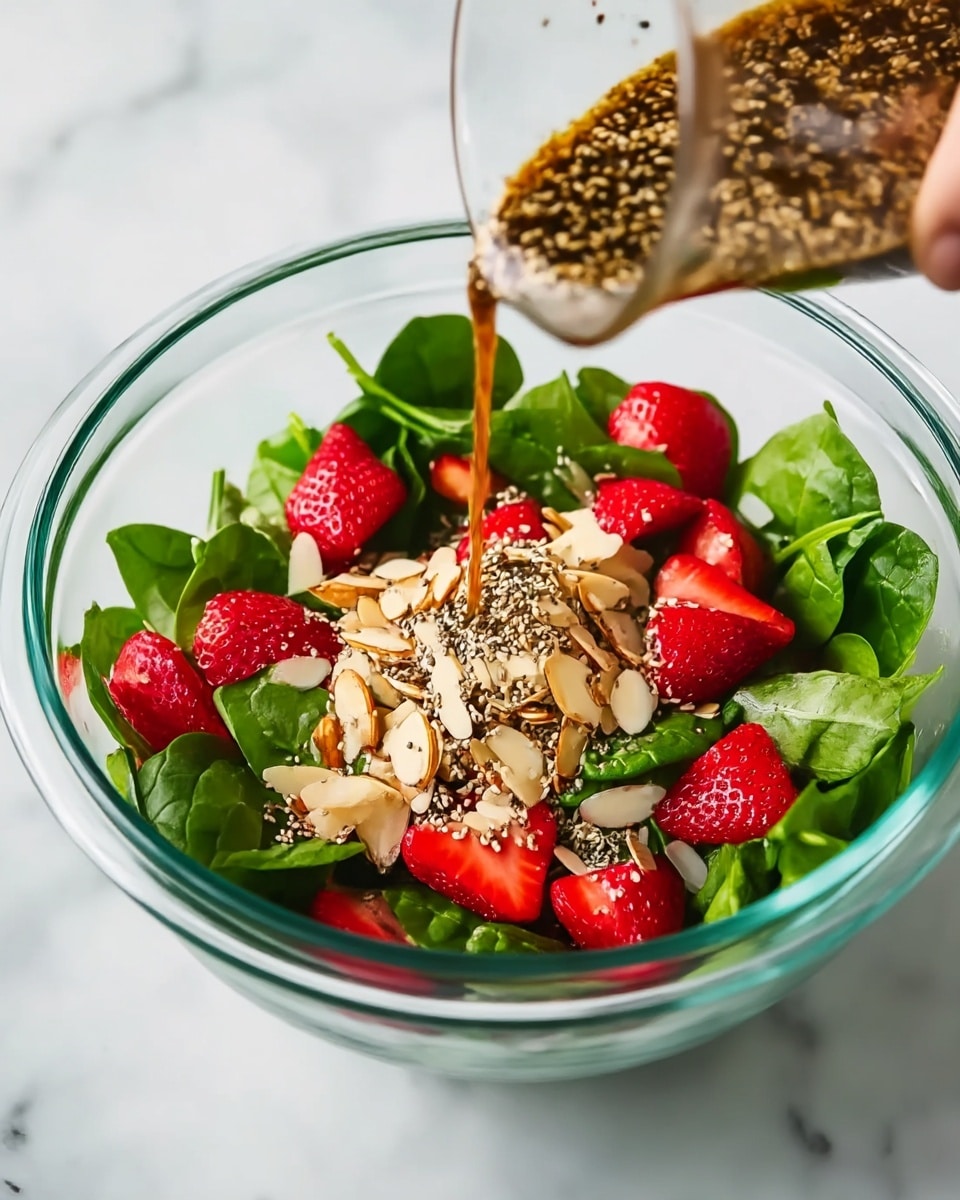 A clear glass bowl filled with bright green leafy spinach as the bottom layer, topped with sliced red strawberries scattered evenly, and thin, light beige almond slivers sprinkled on top. A woman's hand is shown pouring a thick, dark brown dressing with visible seeds, such as chia and sesame, over the salad. The bowl is placed on a white marbled surface. Photo taken with an iphone --ar 4:5 --v 7
